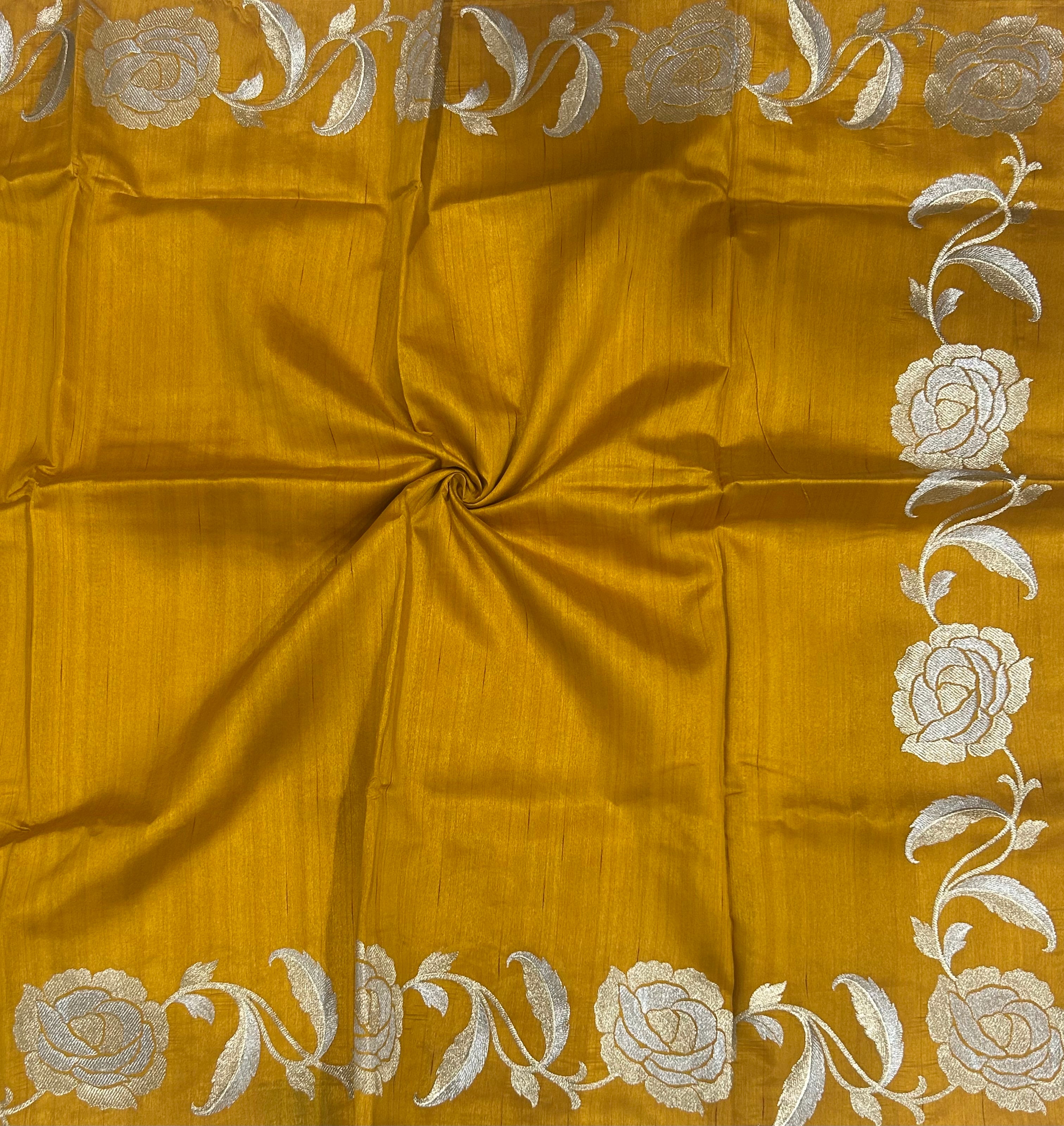 Mustard yellow plain embroidery work border semi Tussar saree