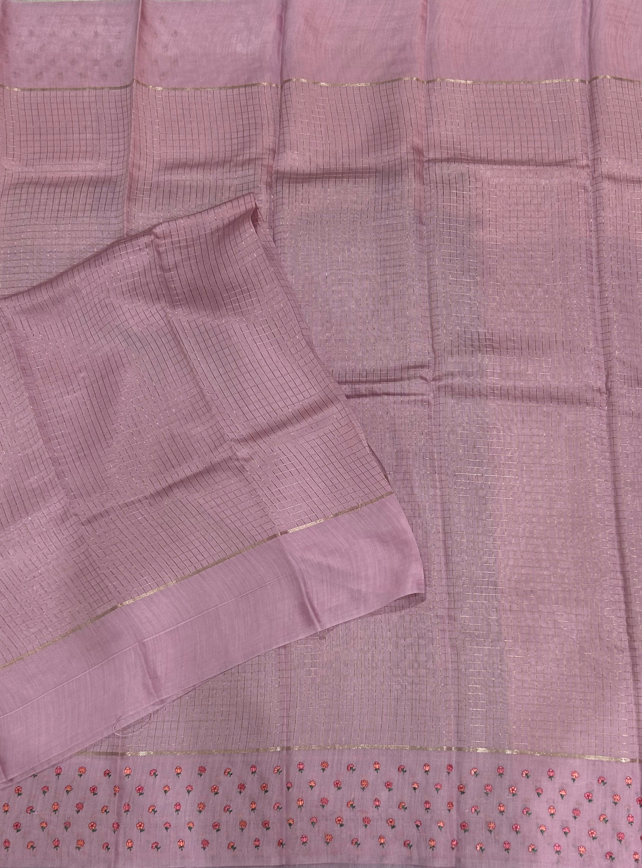 Pastel green checks embrodiery butta border soft tussar crepe 104 saree