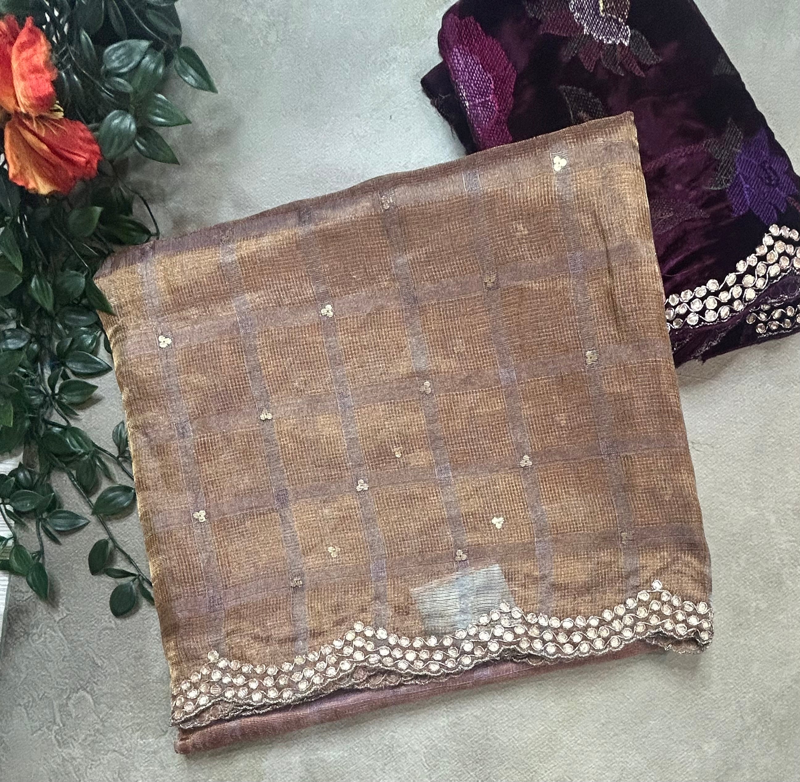2D checks pure Kora tissue 104 with velvet embroidery work blouse piece saree
