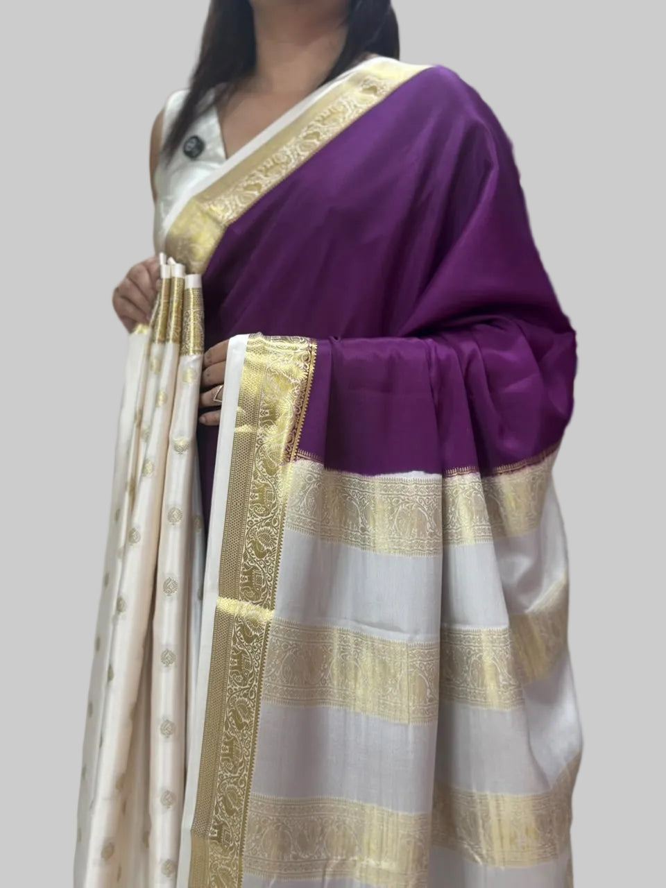 Purple n white Purple partly pallu pure Mysore silk saree PP106