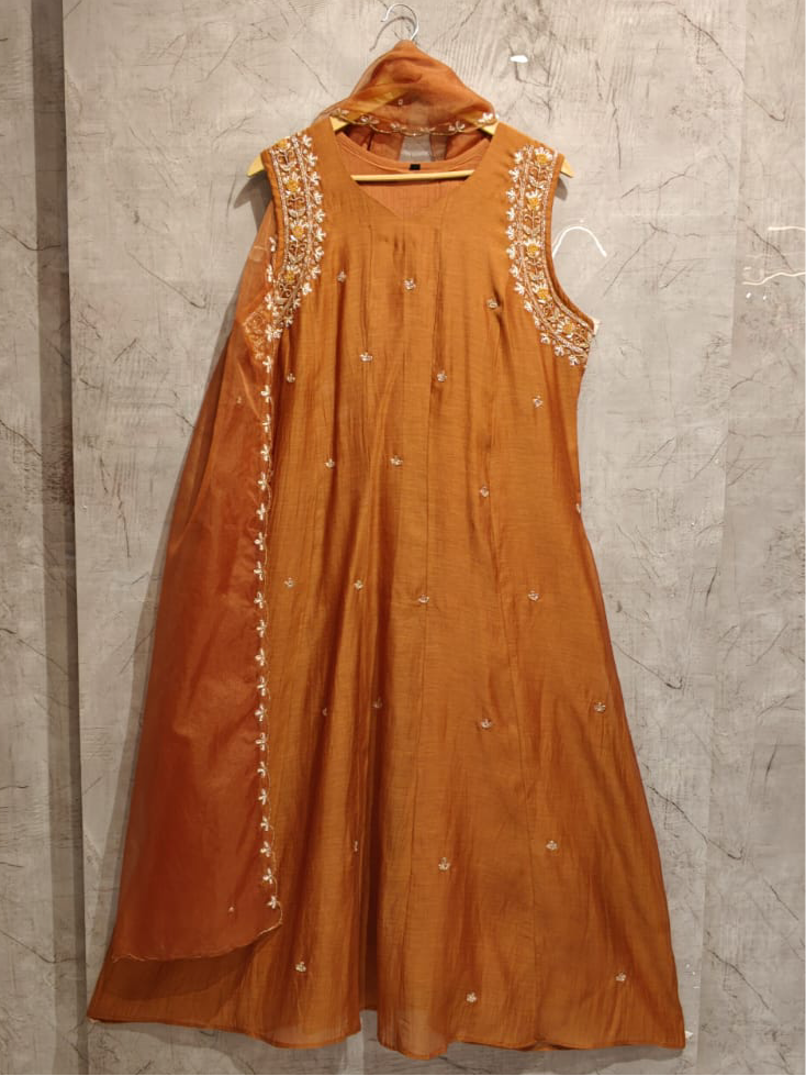 “Pani" Brown Mul  Chanderi Silk Anarkali Handwork Kurtha Set