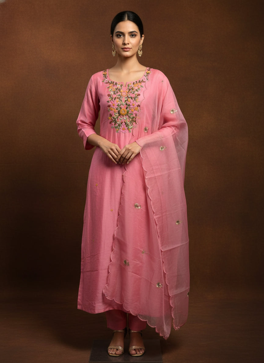 Pink Mul chandheri  Thread Embroidery Straight Fit  kurtha 101