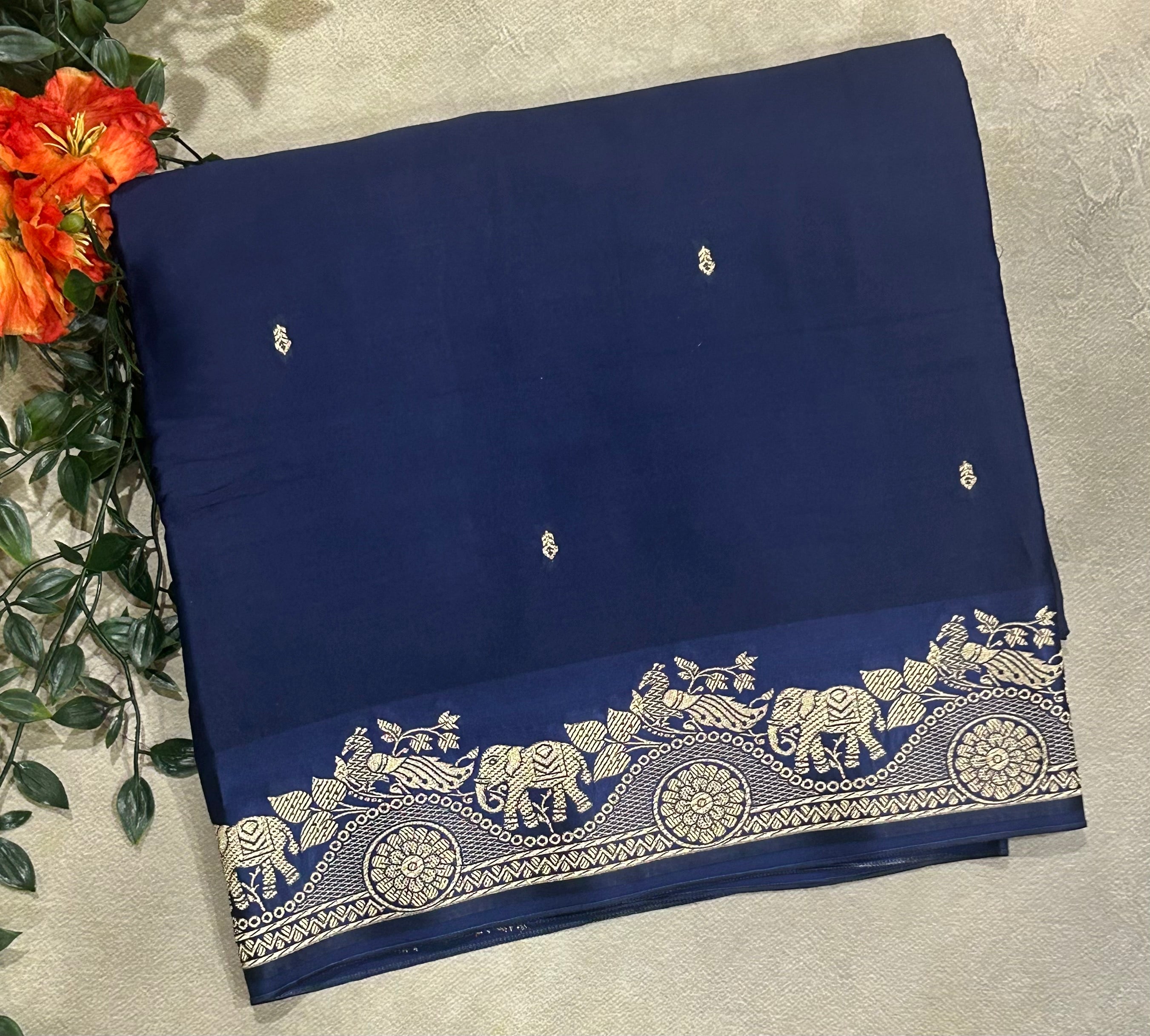 Navy blue small border satin crepe 103 saree