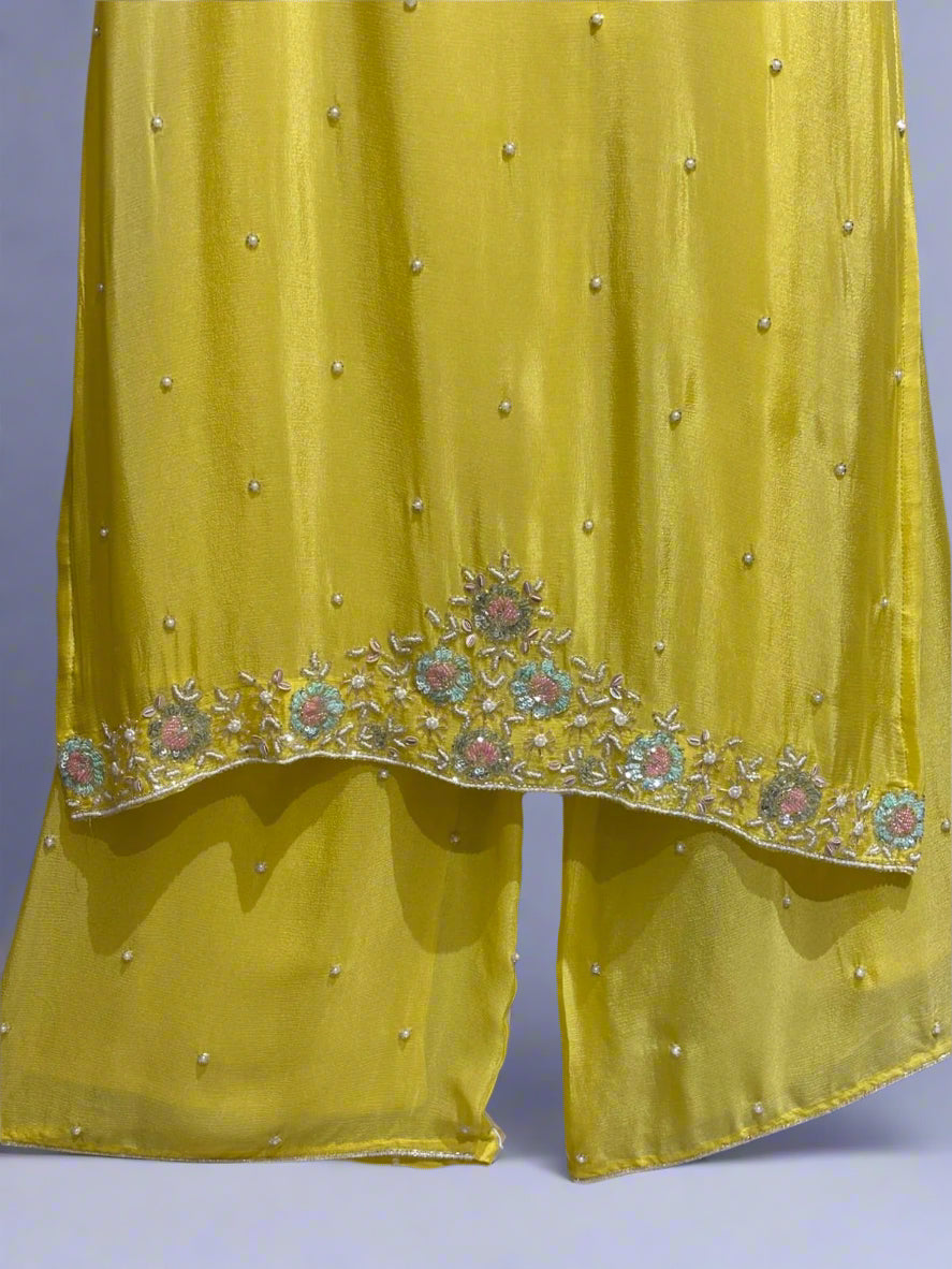 "PARI" Lemon Yellow Designer Kurtha Set with Handwork and Palzoo Pant