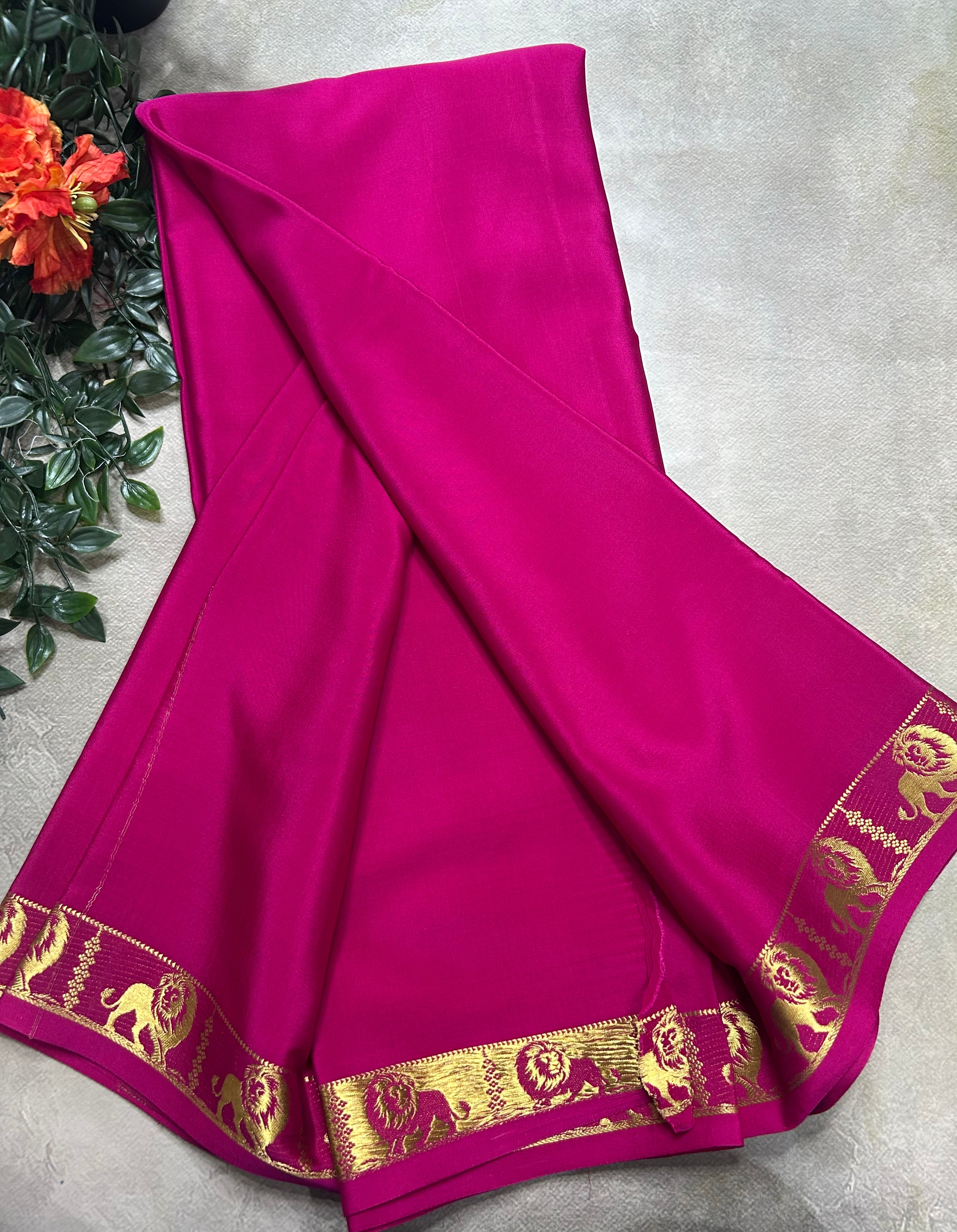 Pink lion border pure Mysore silk 105 saree