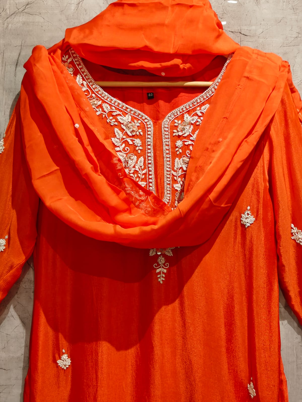 “Pari" Orange chinnon handwork party ware Kurtha set