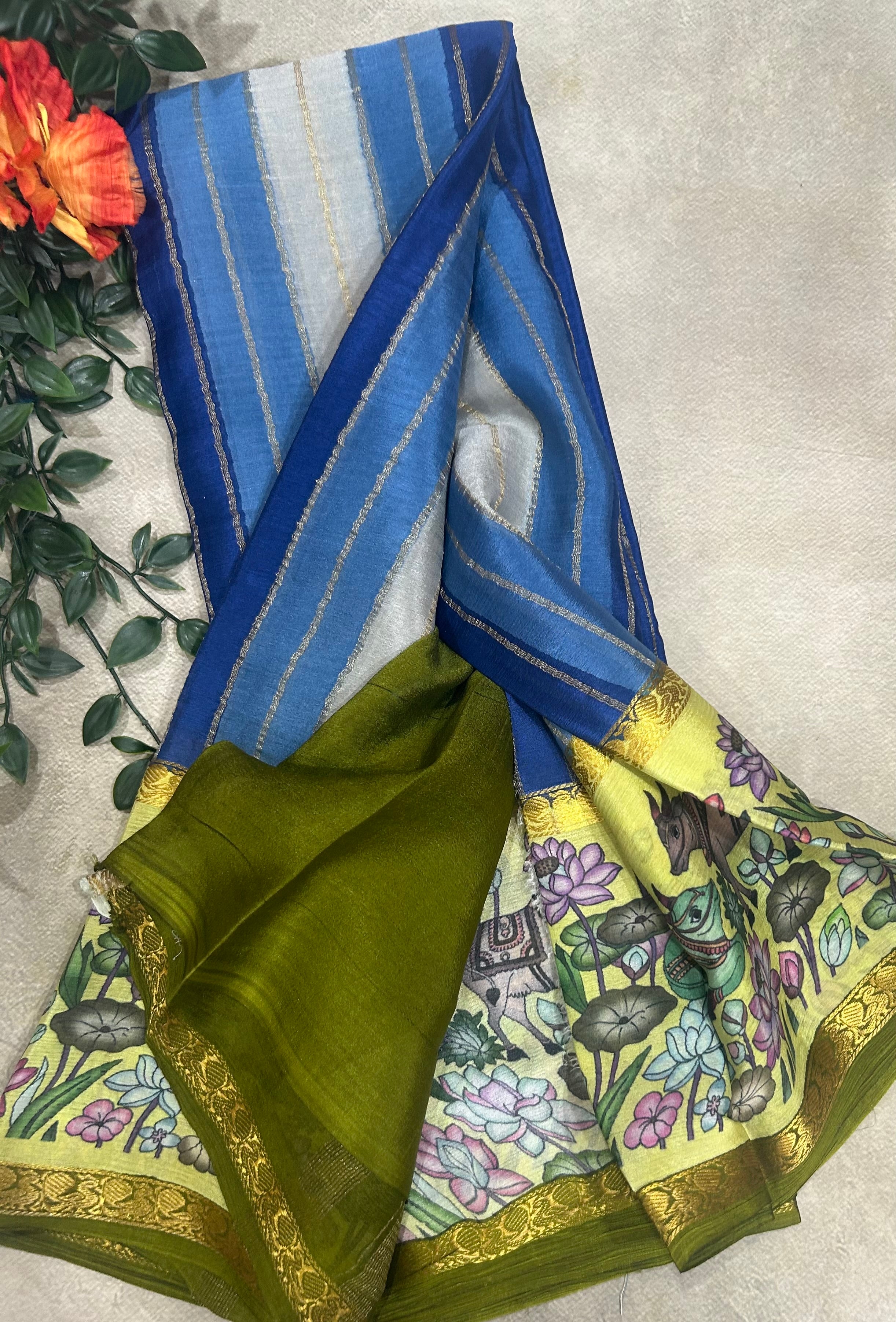 Rankart kalamkari border pure wrinkle 103 crepe silk saree