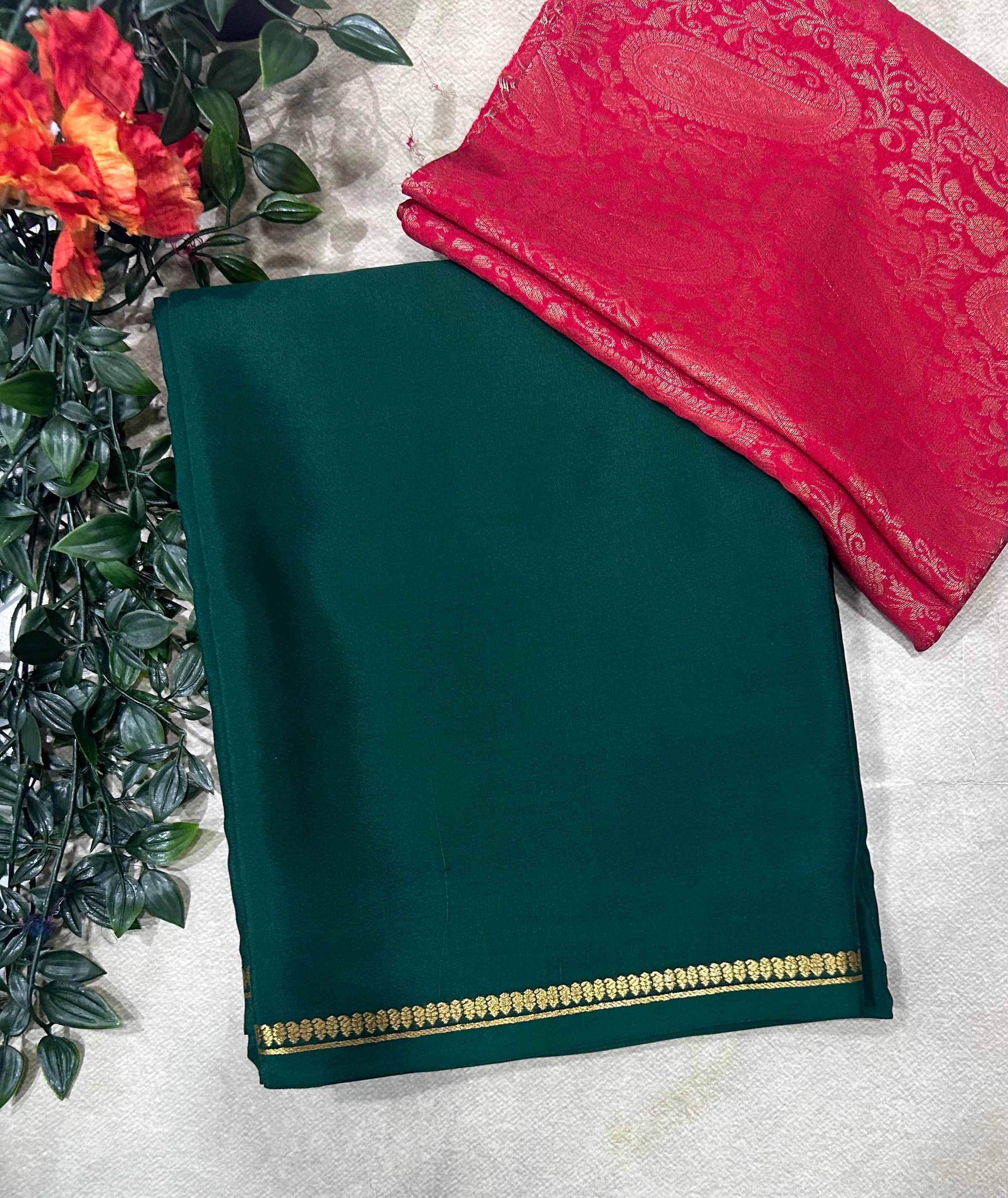 Bottle green plain pure mysore crepe silk saree with Mysore brocade blouse piece(MSM106)