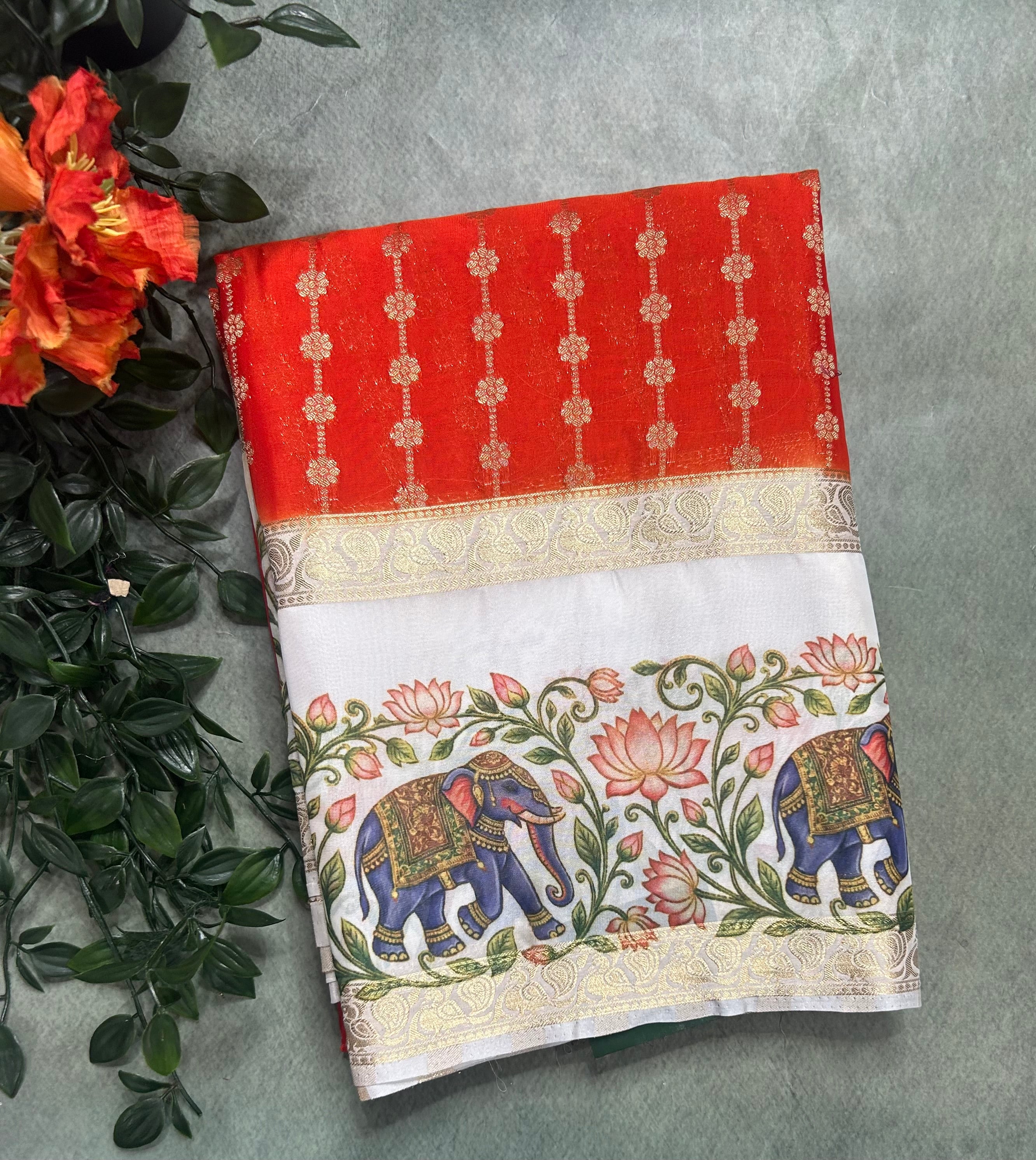 Orange bentex border printed semi Mysore 105 saree