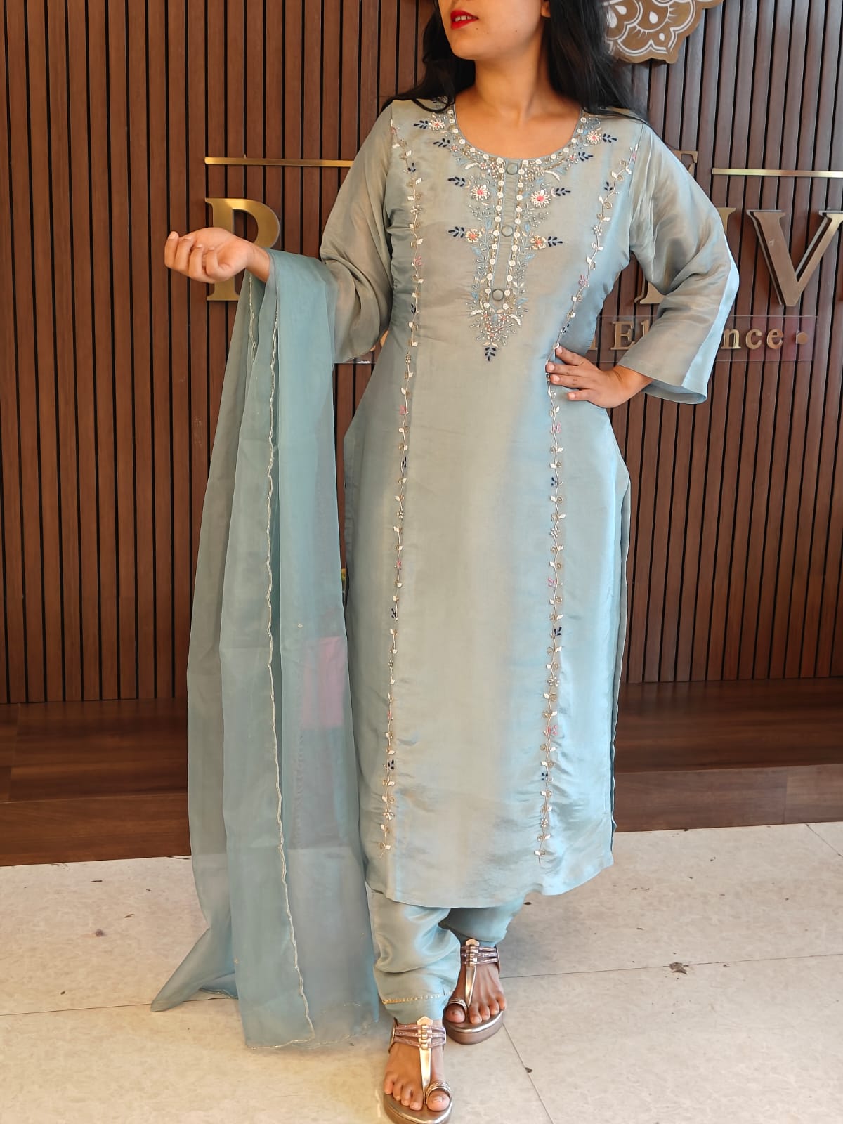 “Chandini"  Blue Shimmer silk Kurtha suit with work