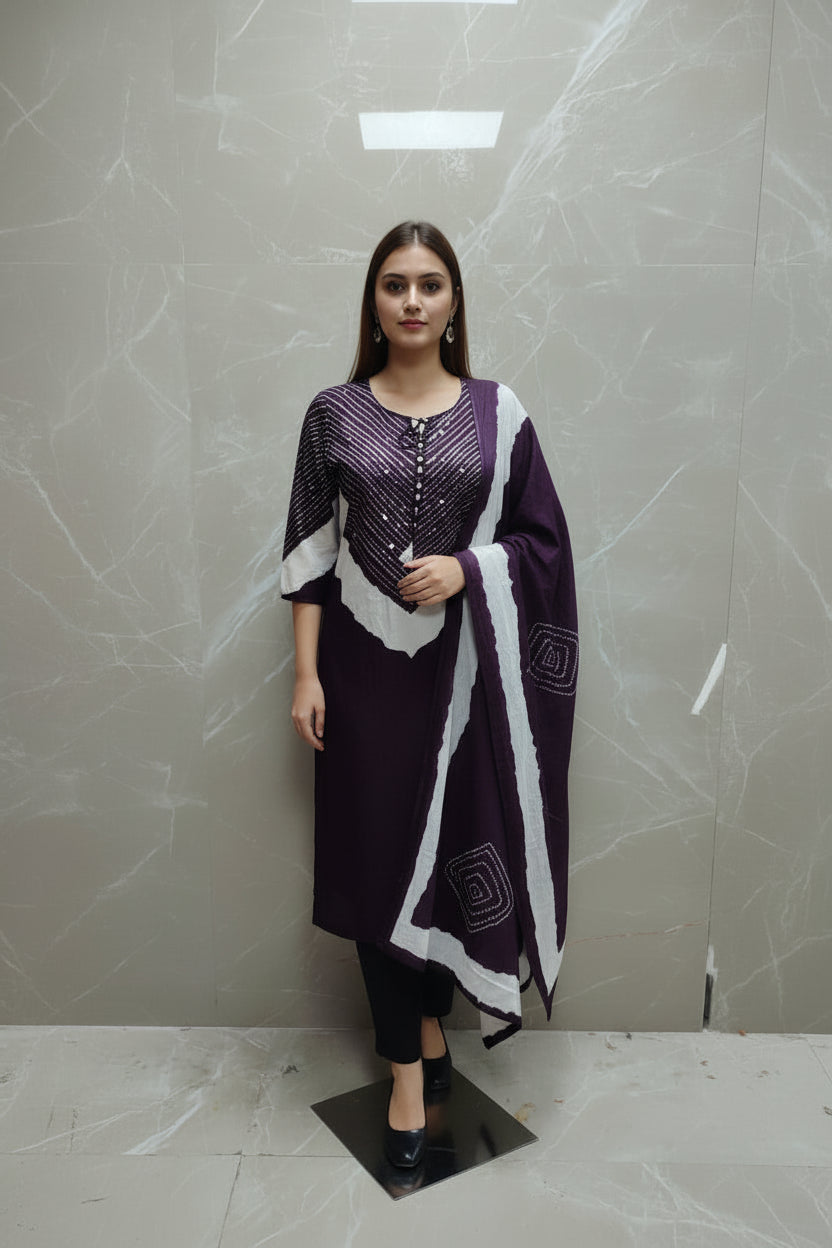 Dark Purple Cotton Hand Embroidery Straight Fit Kurtha