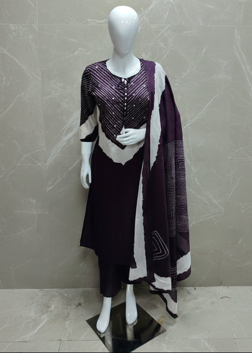 Dark Purple Cotton Hand Embroidery Straight Fit Kurtha