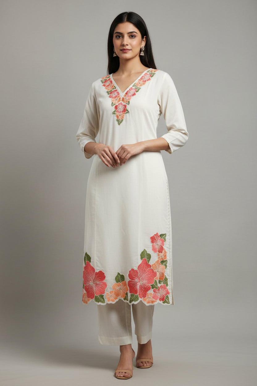 White  Cotton Kalamkari Print Anarkali Kurtha 389