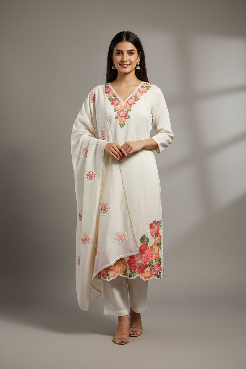 White  Cotton Kalamkari Print Anarkali Kurtha 389