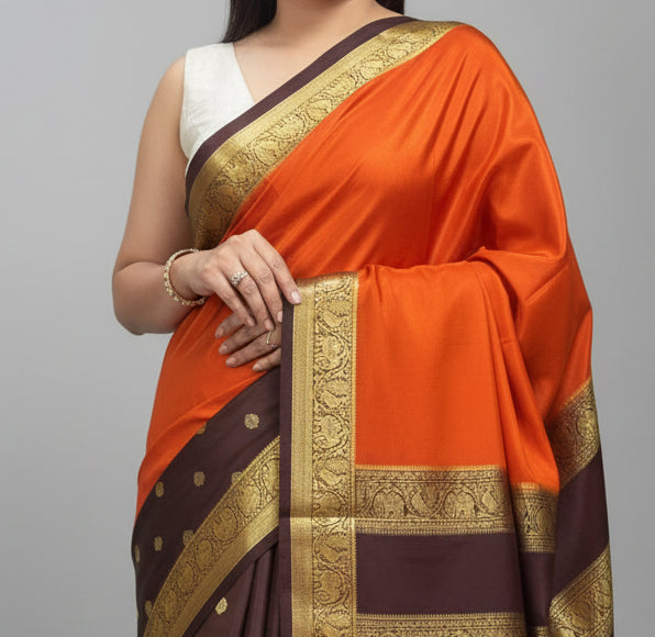 Orange n brown partly pallu pure Mysore silk saree PP106