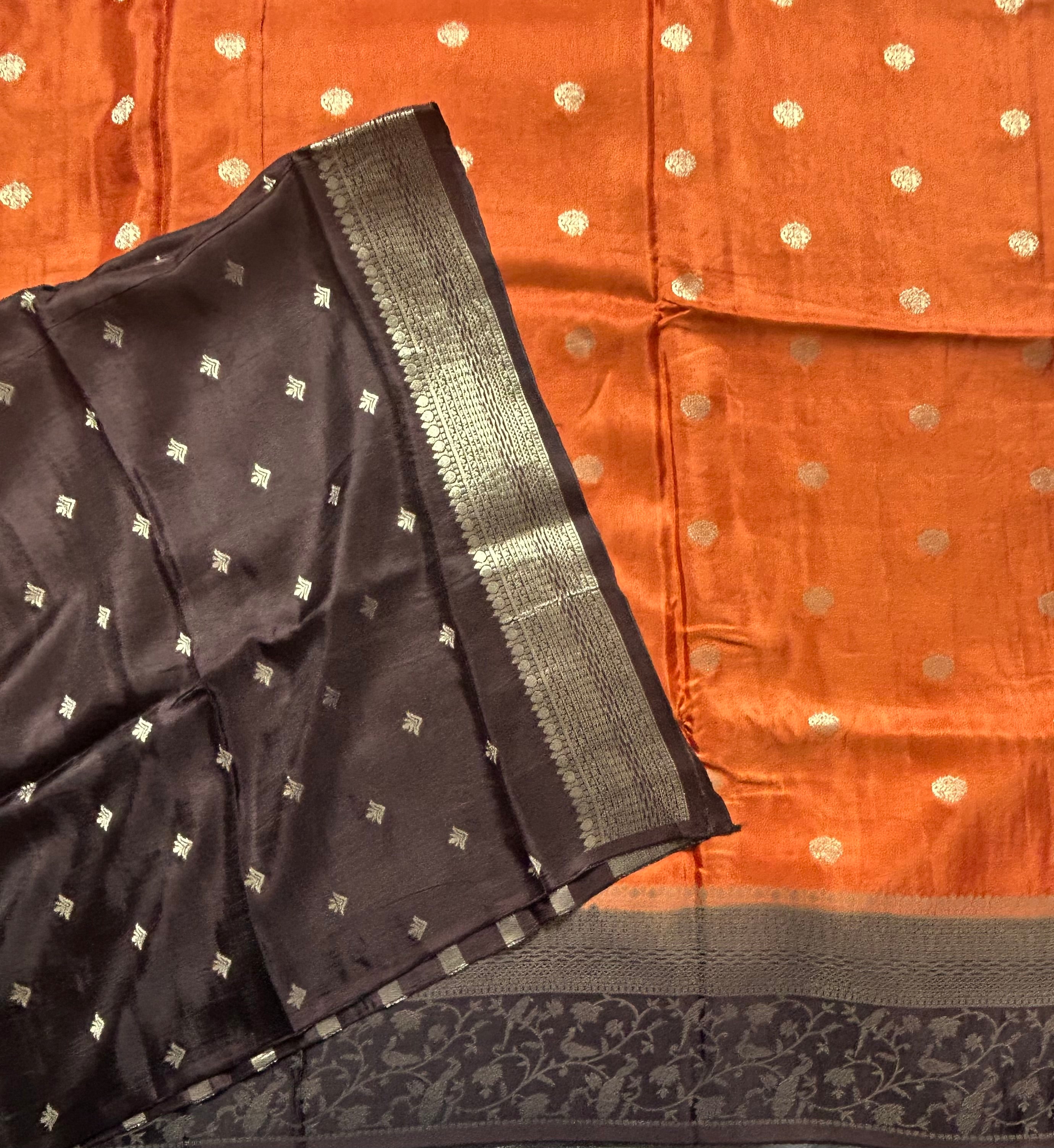 Rust orange small Butta satin crepe 103 saree