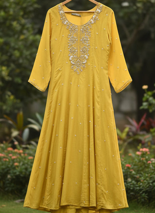 Yellow Anarkali Chinnon Hand Embroidery Kurtha 567