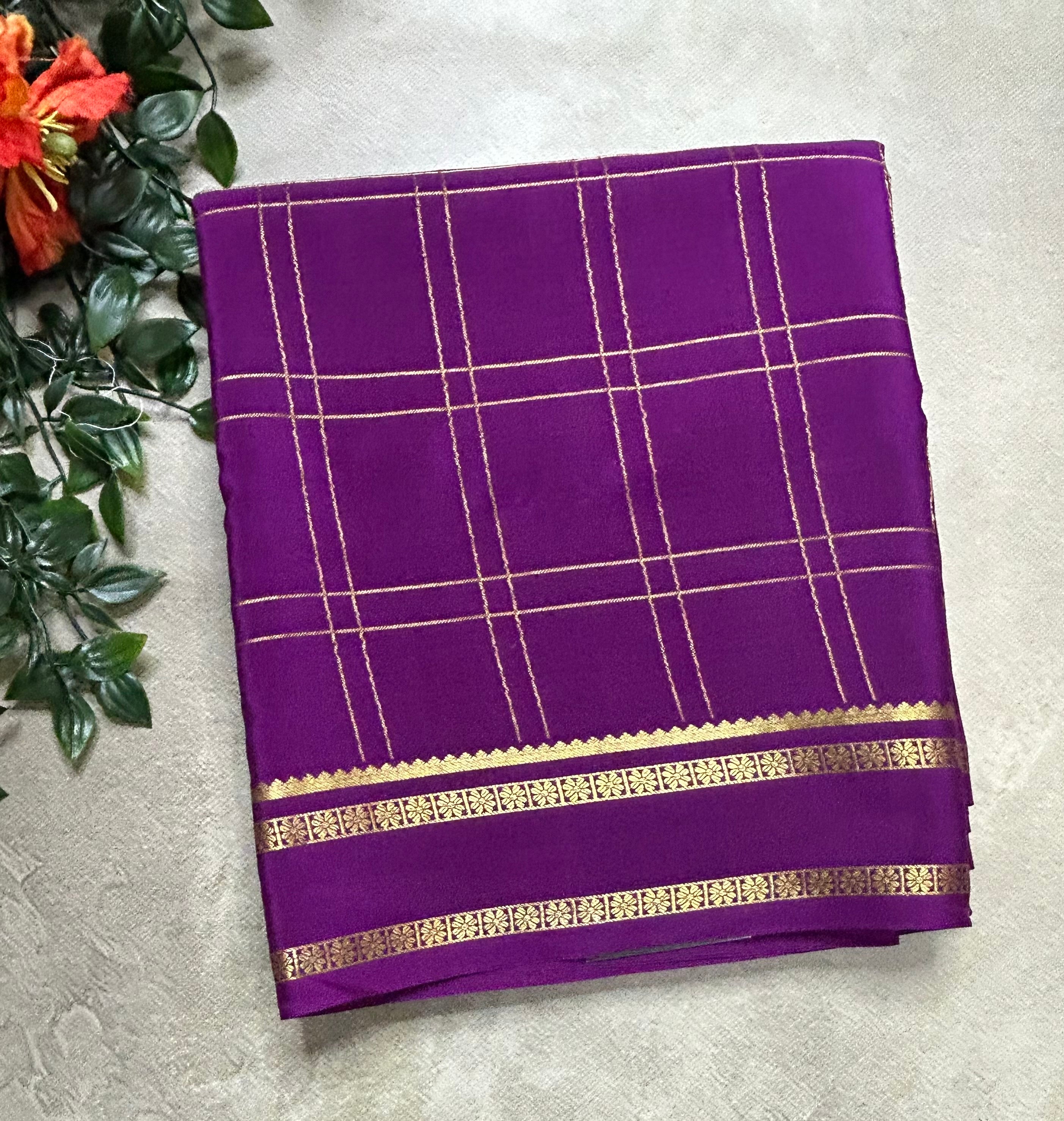 Purple big checks n Bentex border pure Mysore silk 106 saree