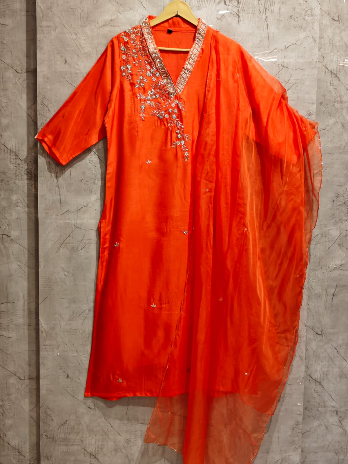 Orange Dola 05 silk Kurtha with Pearl handwork embriodery work