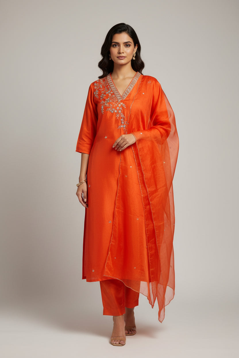 Orange Dola 05 silk Kurtha with Pearl handwork embriodery work
