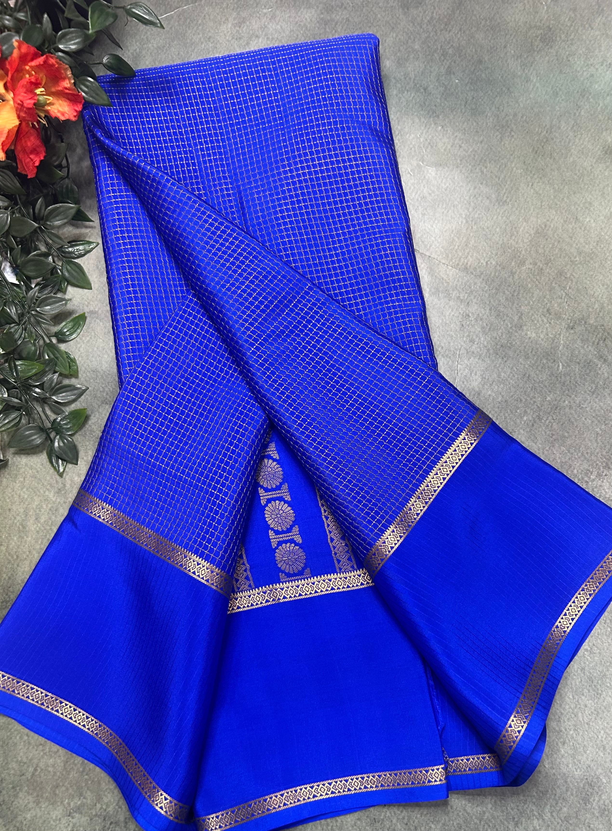 Royal blue small checks n bentex border pure Mysore silk 105 saree
