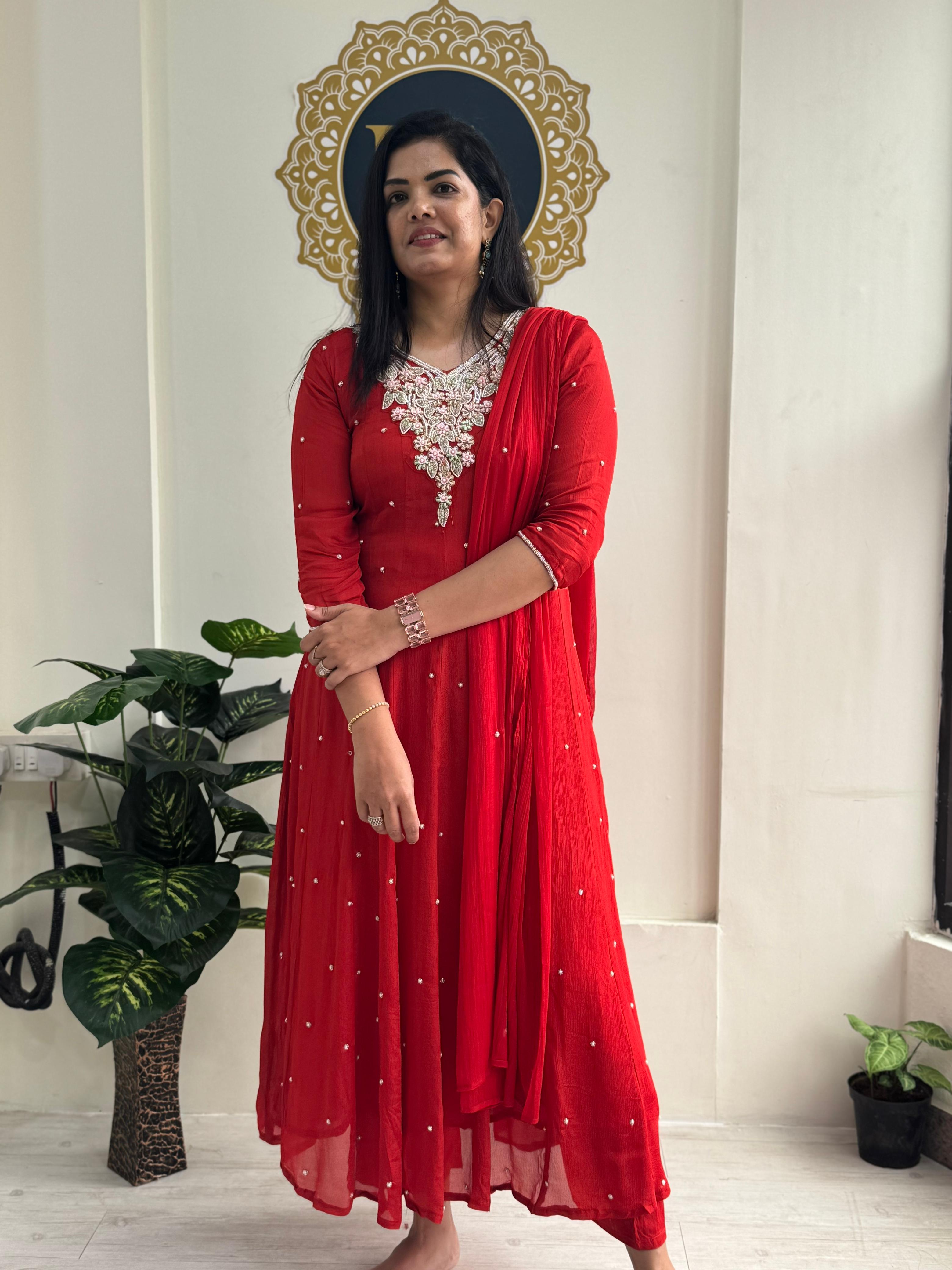 Red Anarkali Chinnon Handwork Partyware Kurtha 567