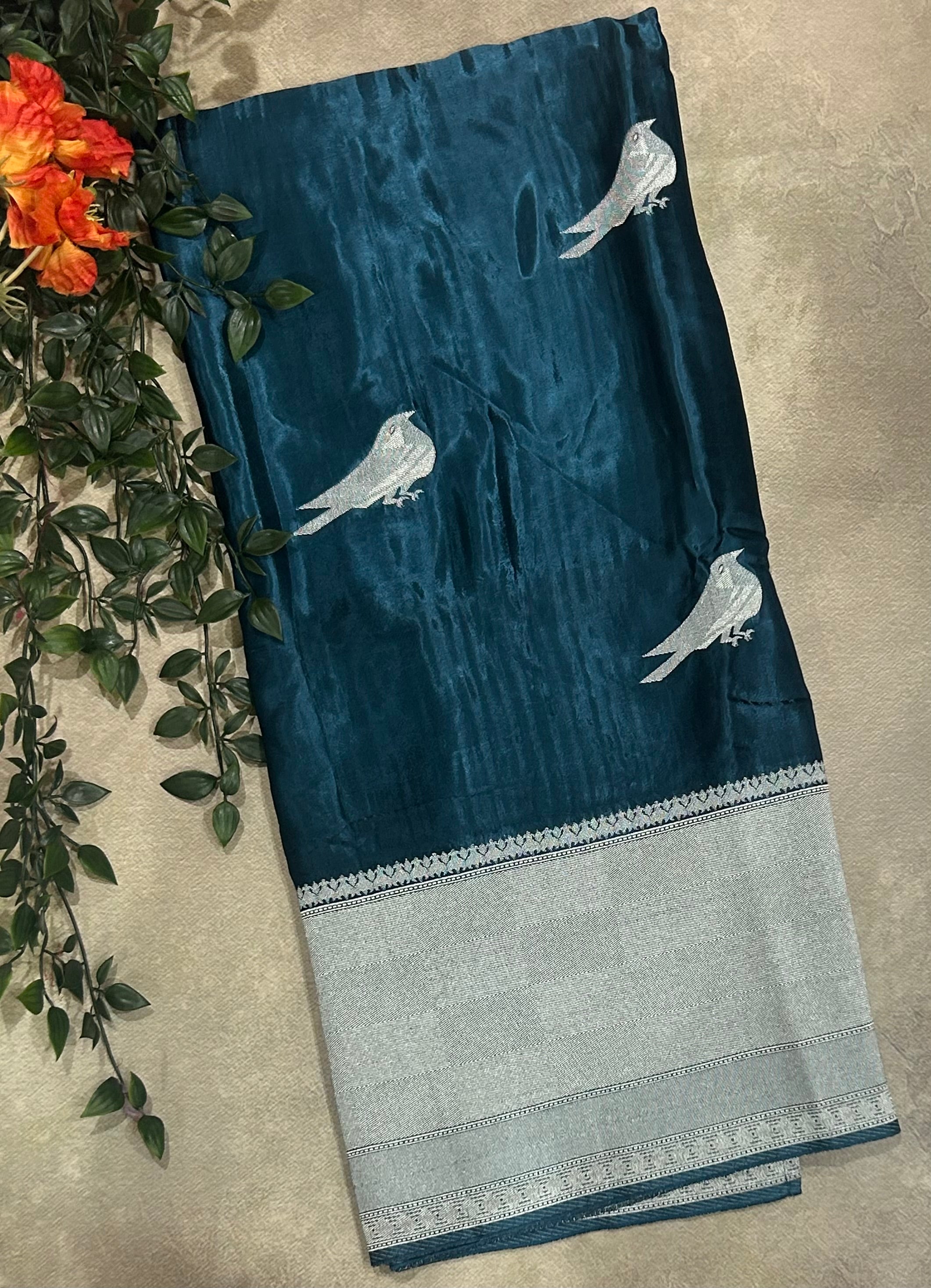 Peacock blue sparrow butta benarasi satin silk saree