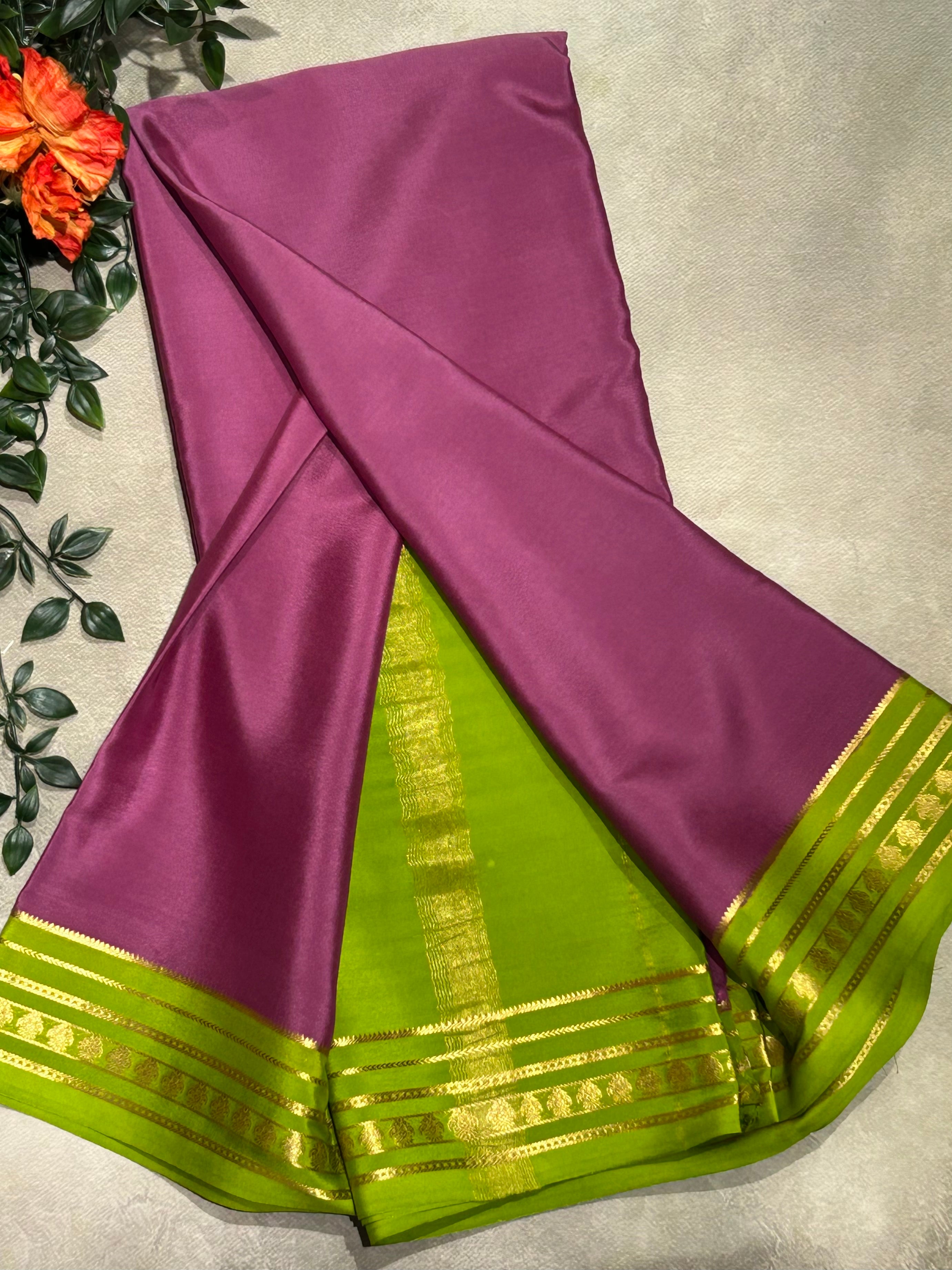 Dark onion pink stripes border pure Mysore silk-103 saree