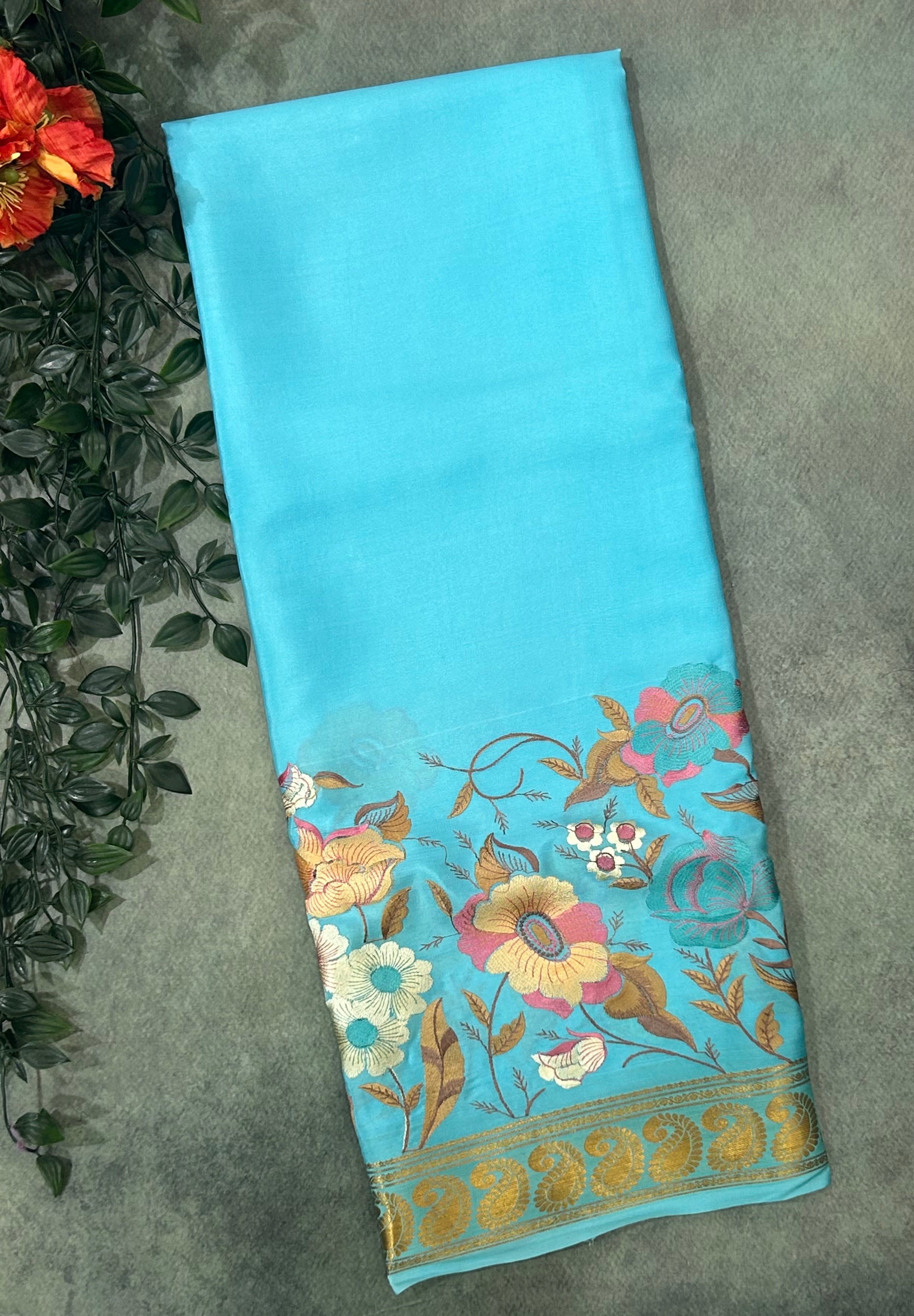 Sky blue embroidery pure Mysore crepe silk saree