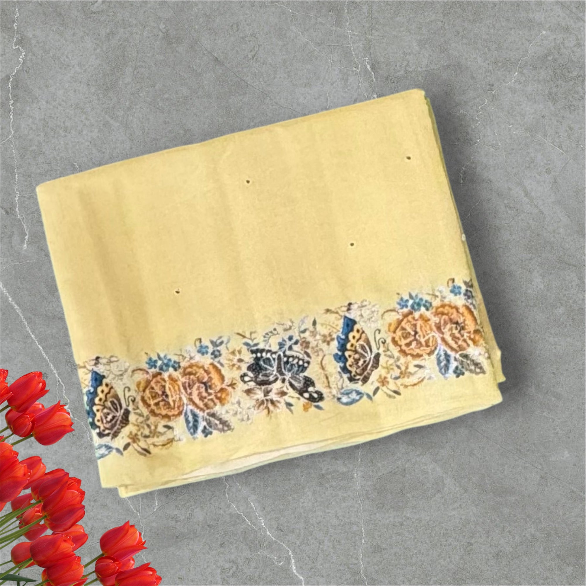 Light yellow printed border tussar saree