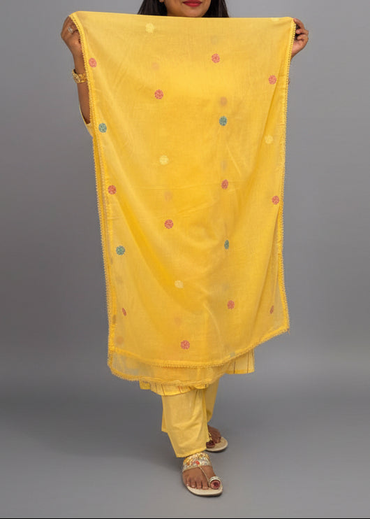 Yellow Mul Cotton Hand Embroidery Airline Kurtha 203