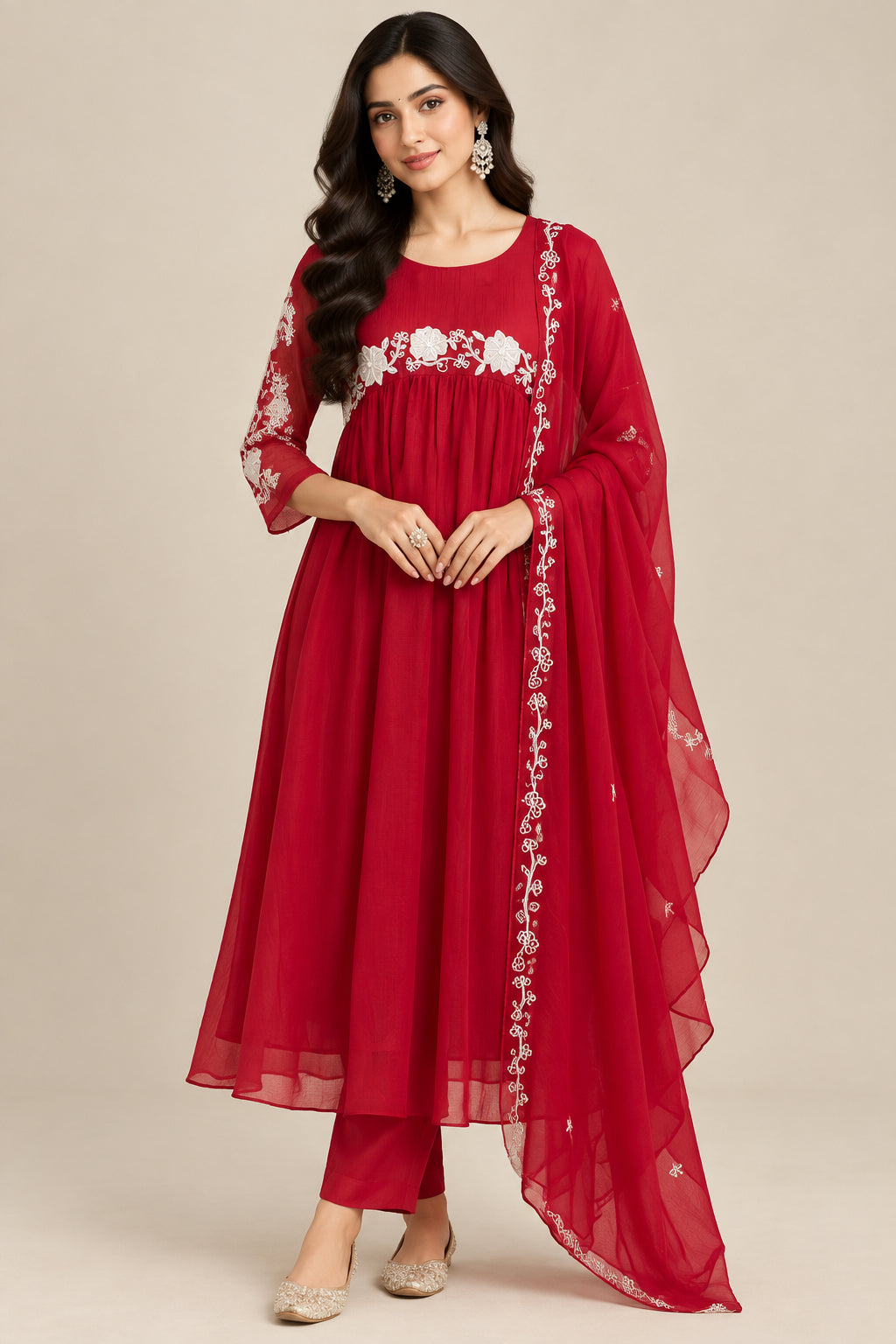 Red Mul Chanderi Thread Embroidery A Line Kurtha 898