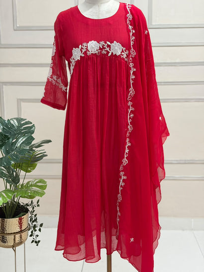 Red Mul Chanderi Thread Embroidery A Line Kurtha 898