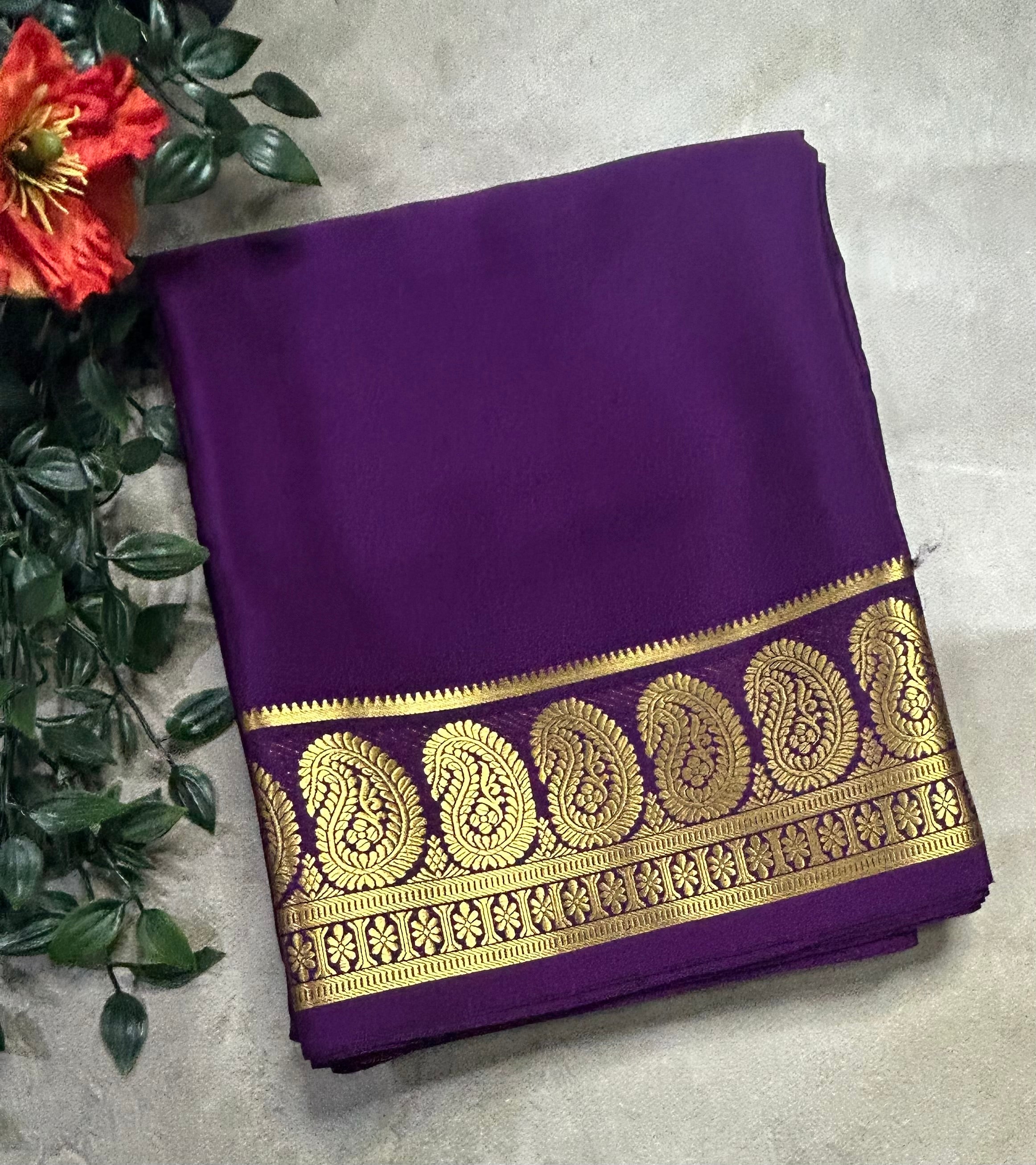 Purple plain mango border pure Mysore silk 105 saree