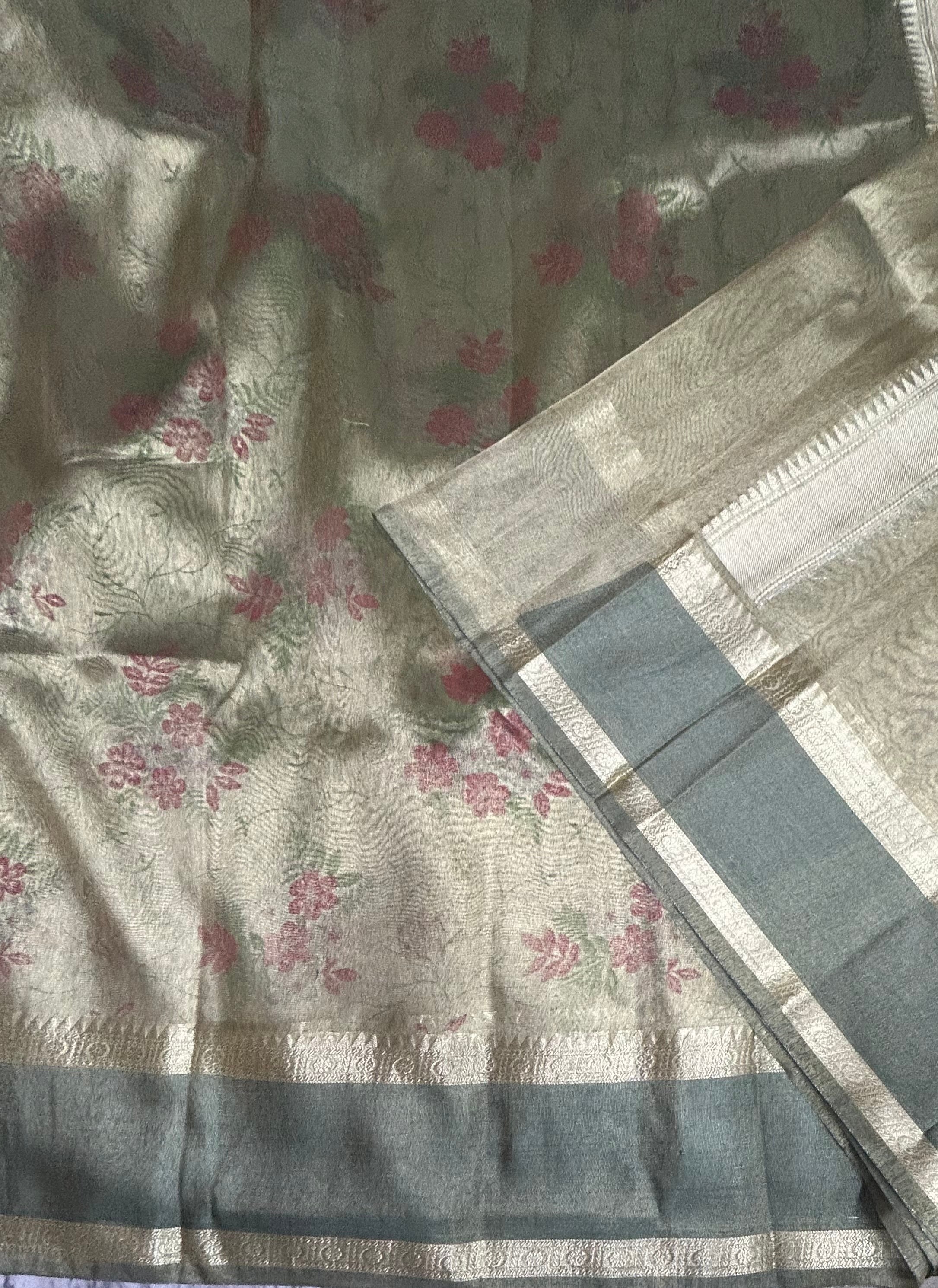 Pastel green bentex border semi Tissue saree