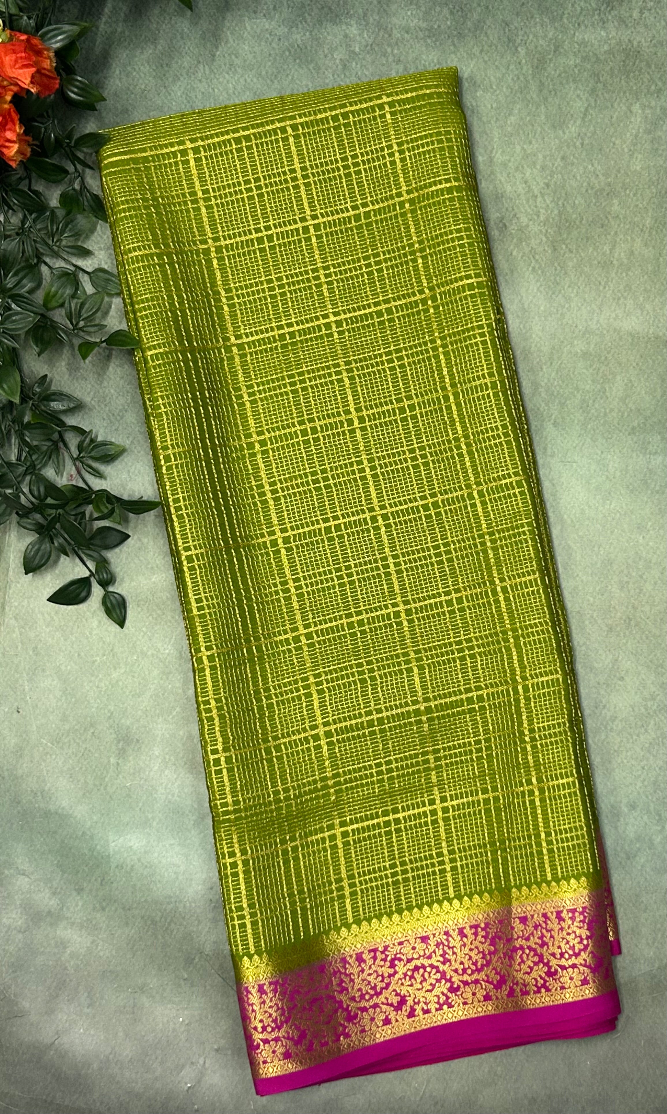 Mehendi green n pink checks brocade Pure Mysore silk crepe 103 Saree