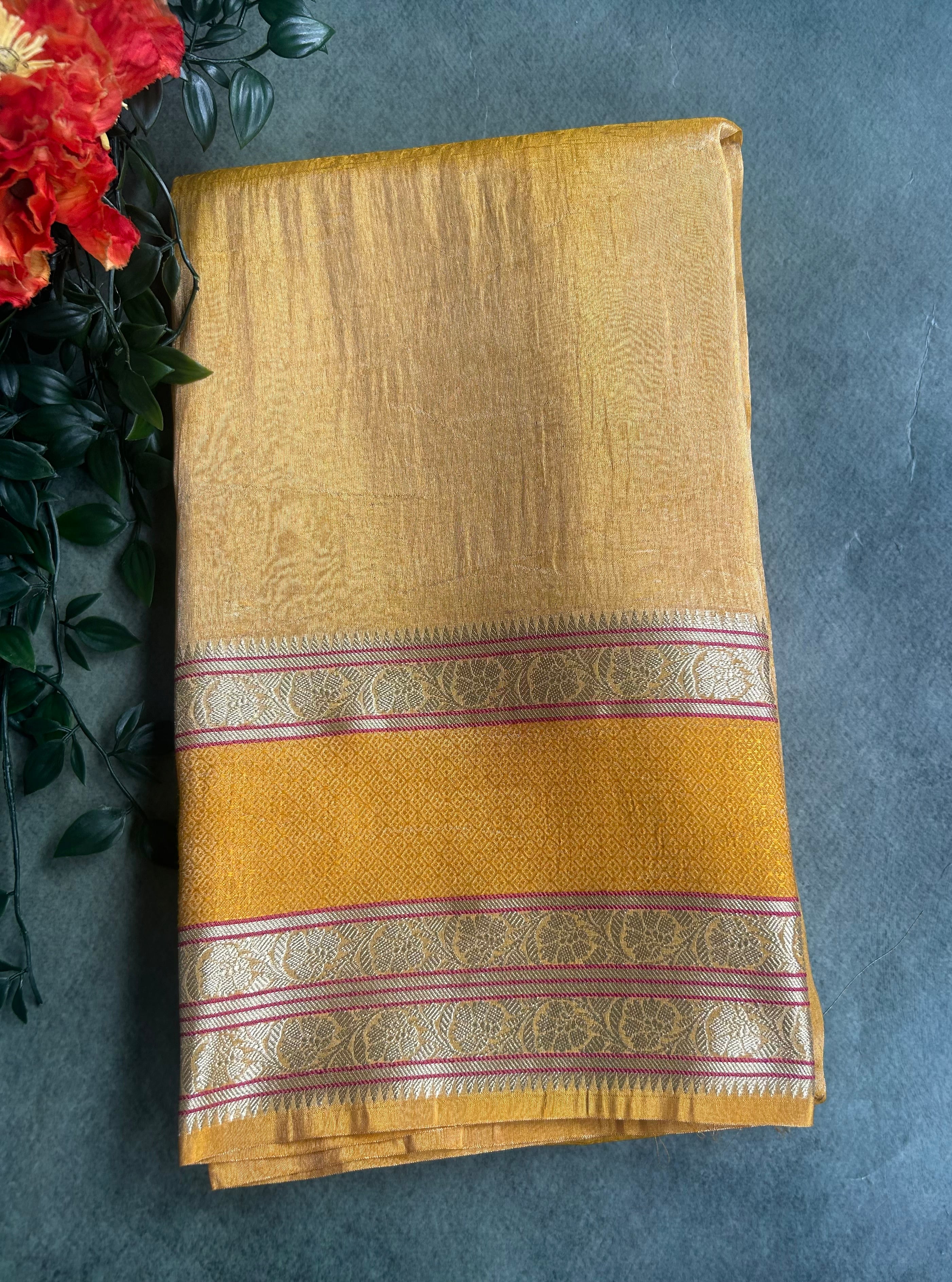 Yellow bentex border semi tissue saree