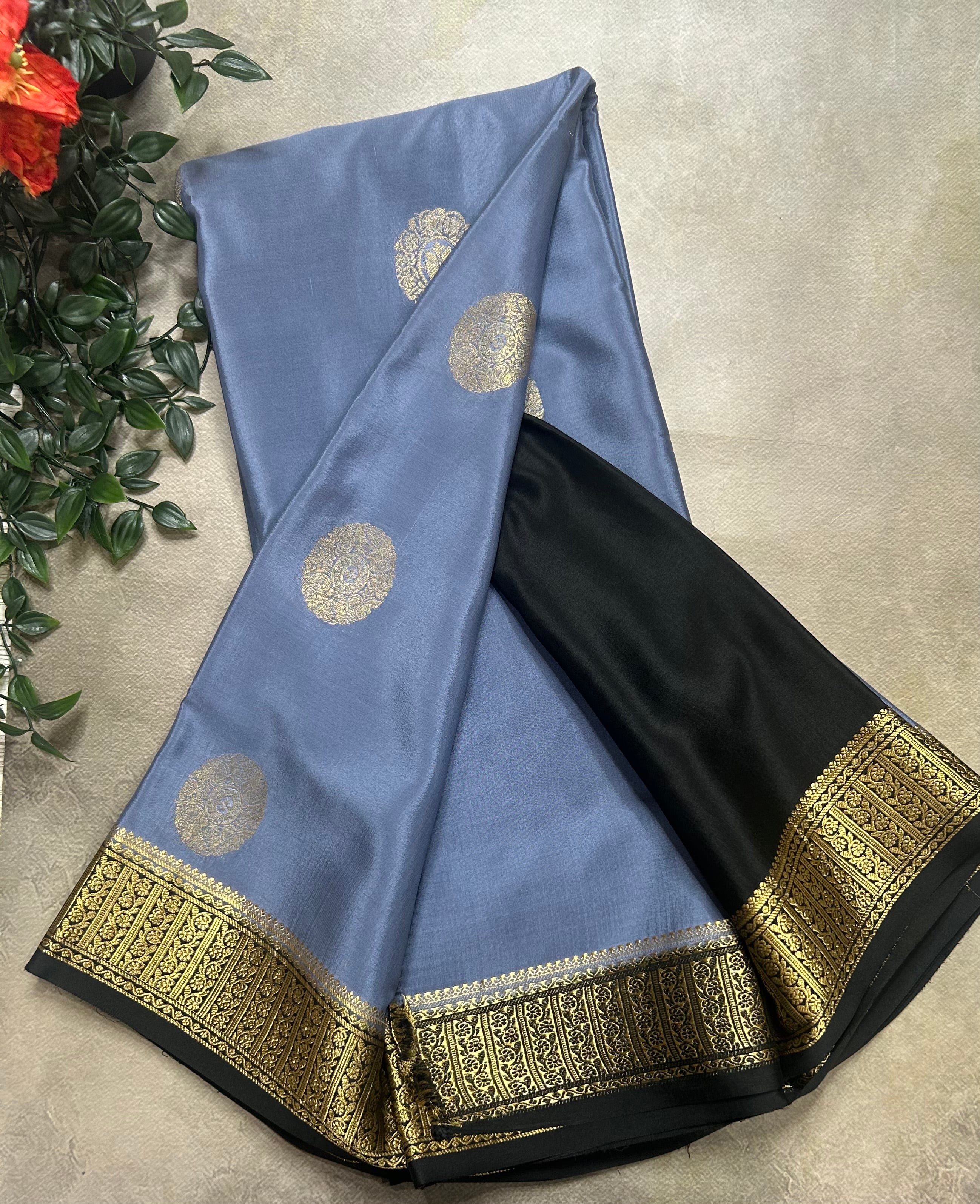 Grey n black big Butta pure Mysore silk-104 saree