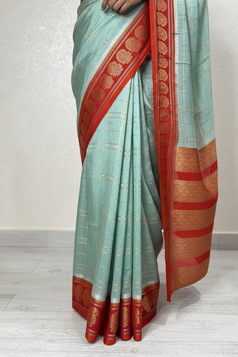 Sea green n red checks semi Mysore crepe saree SMS105