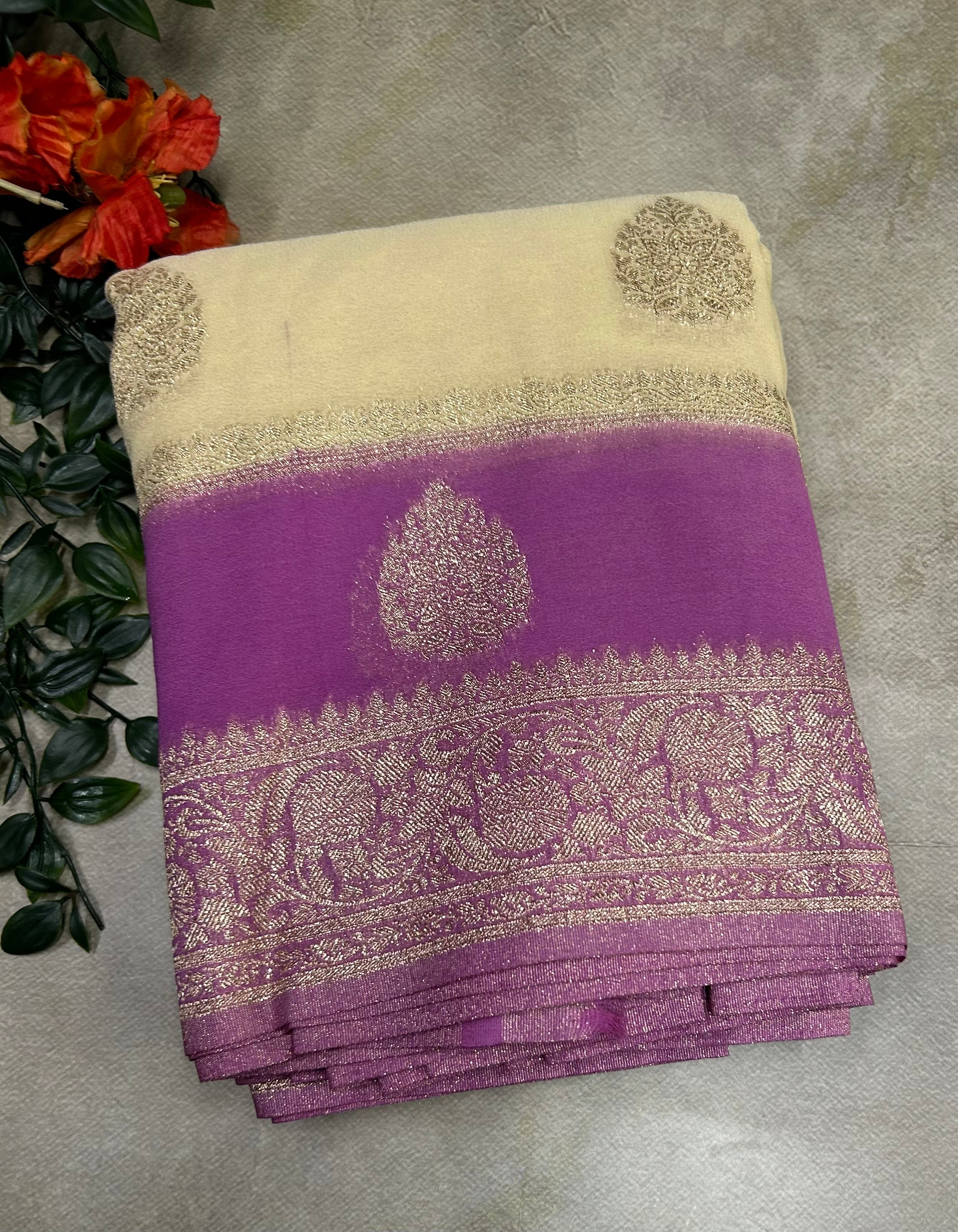 Cream m pink border Butta semi georgette saree