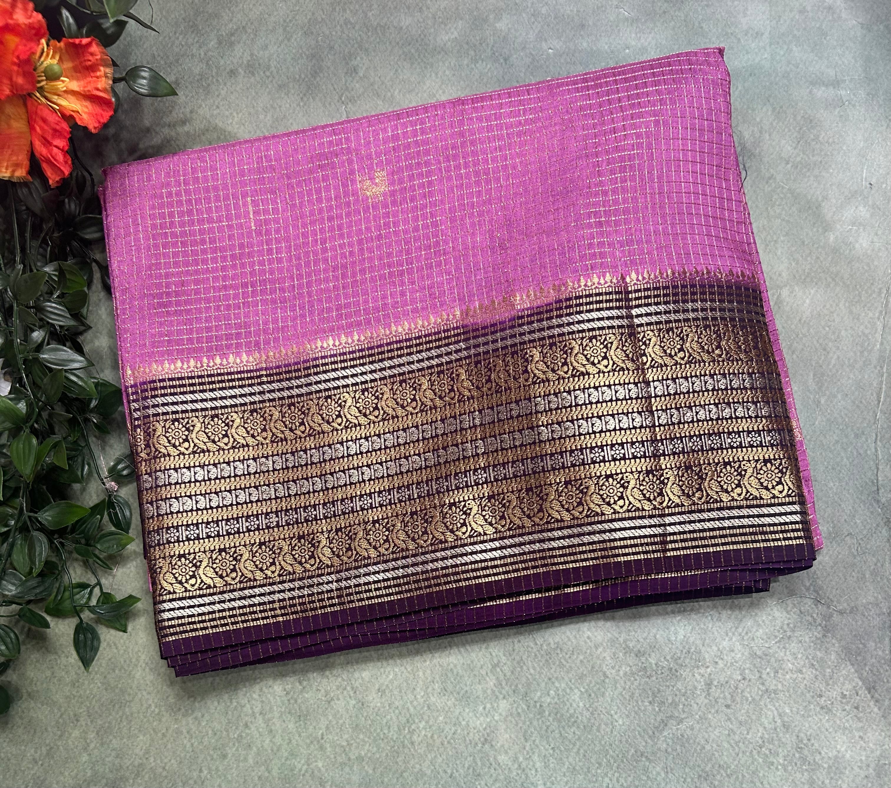 Light purple small checks contrast semi Mysore crepe 105 saree