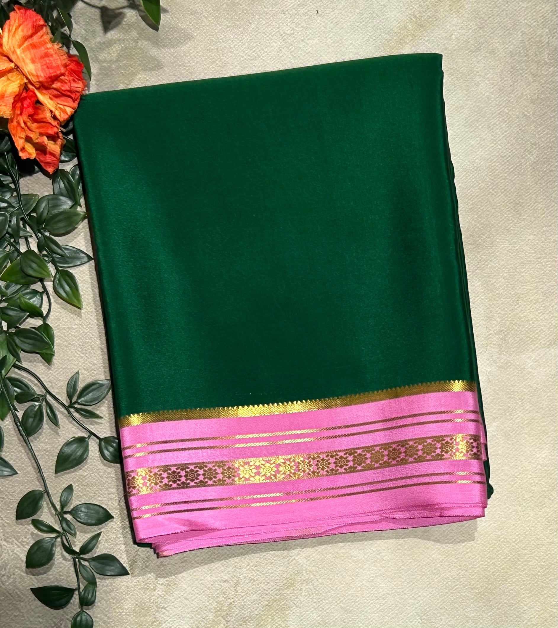 Bottle green stripes border pure Mysore silk-103 saree