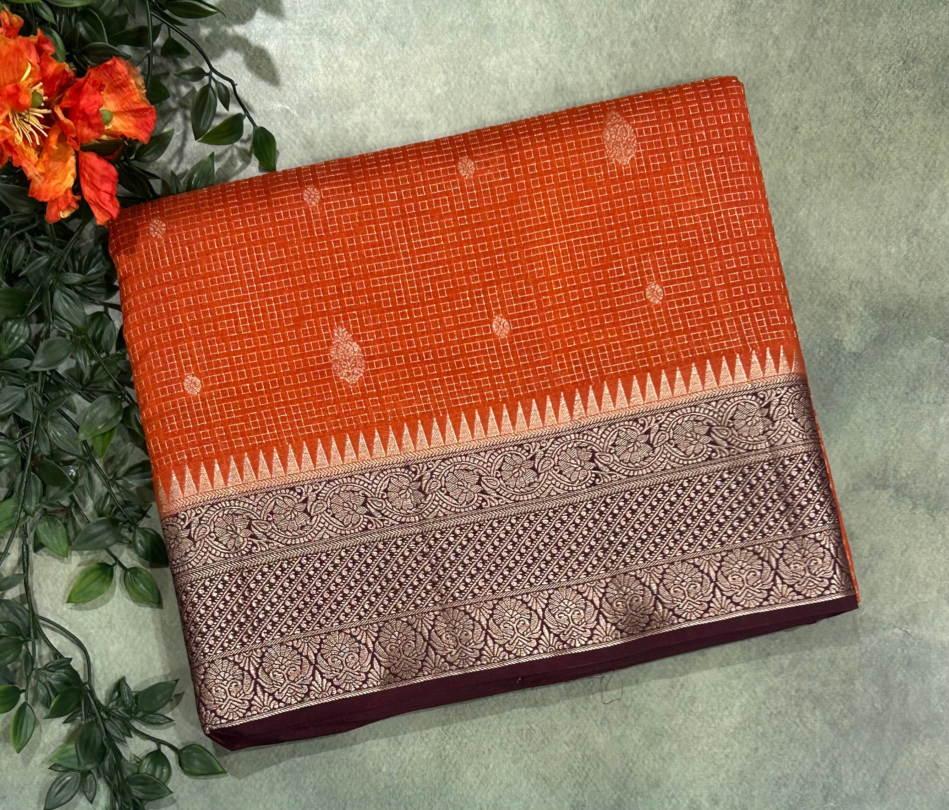Orange contrast dola checks 103 saree