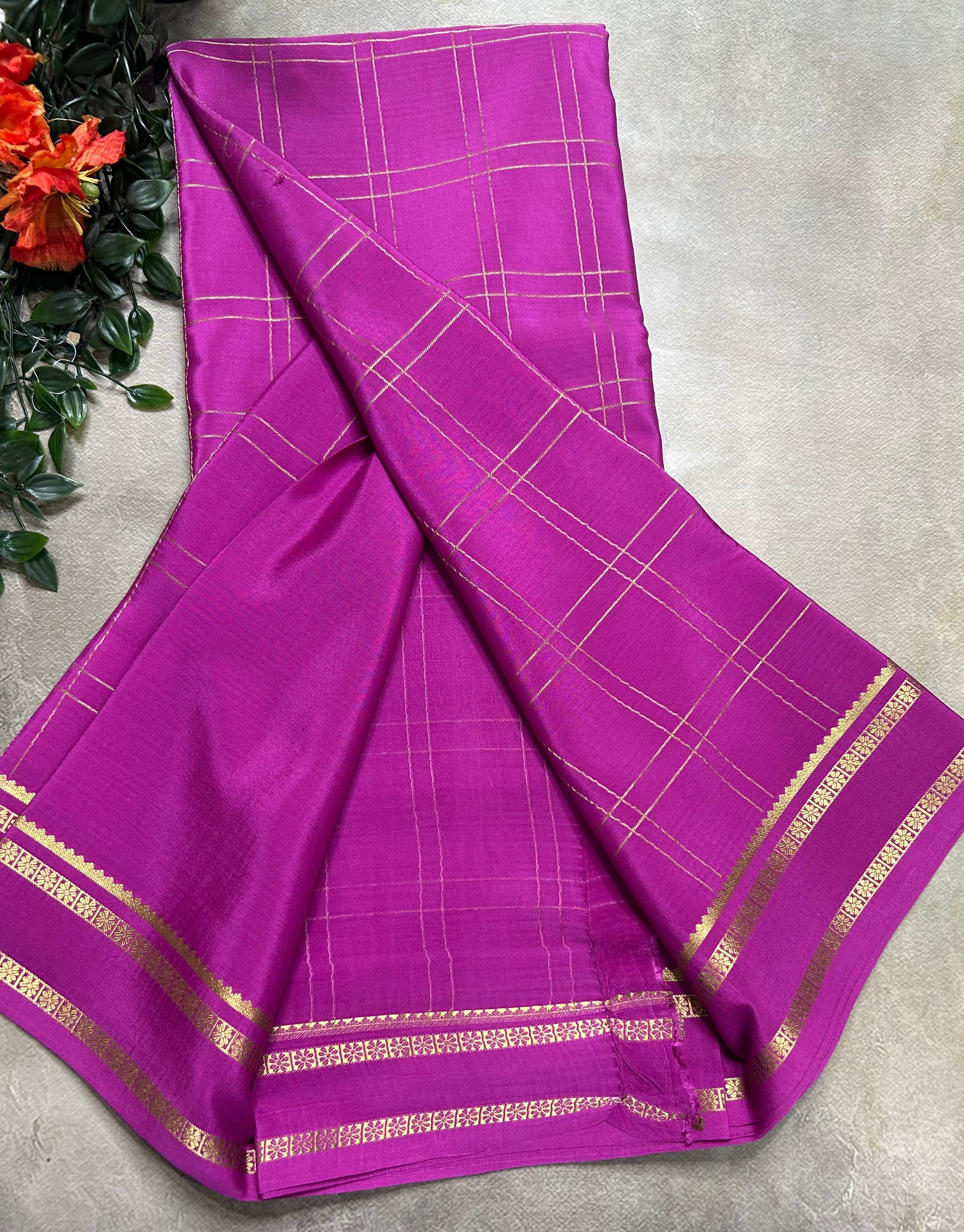 Light pink big checks n Bentex border pure Mysore silk 106 saree