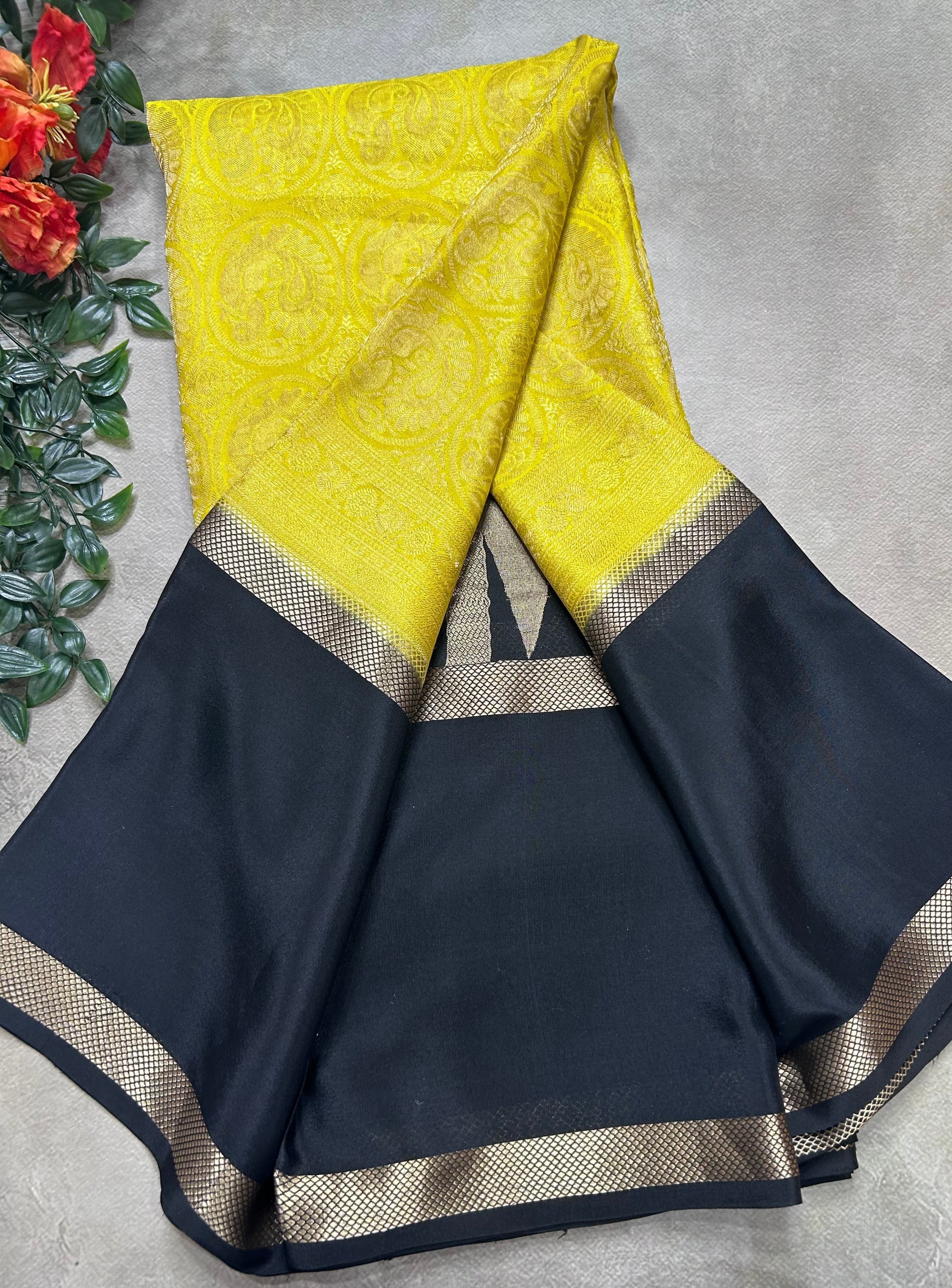 Yellow brocade n bentex border pure mysore silk saree(YMS106)