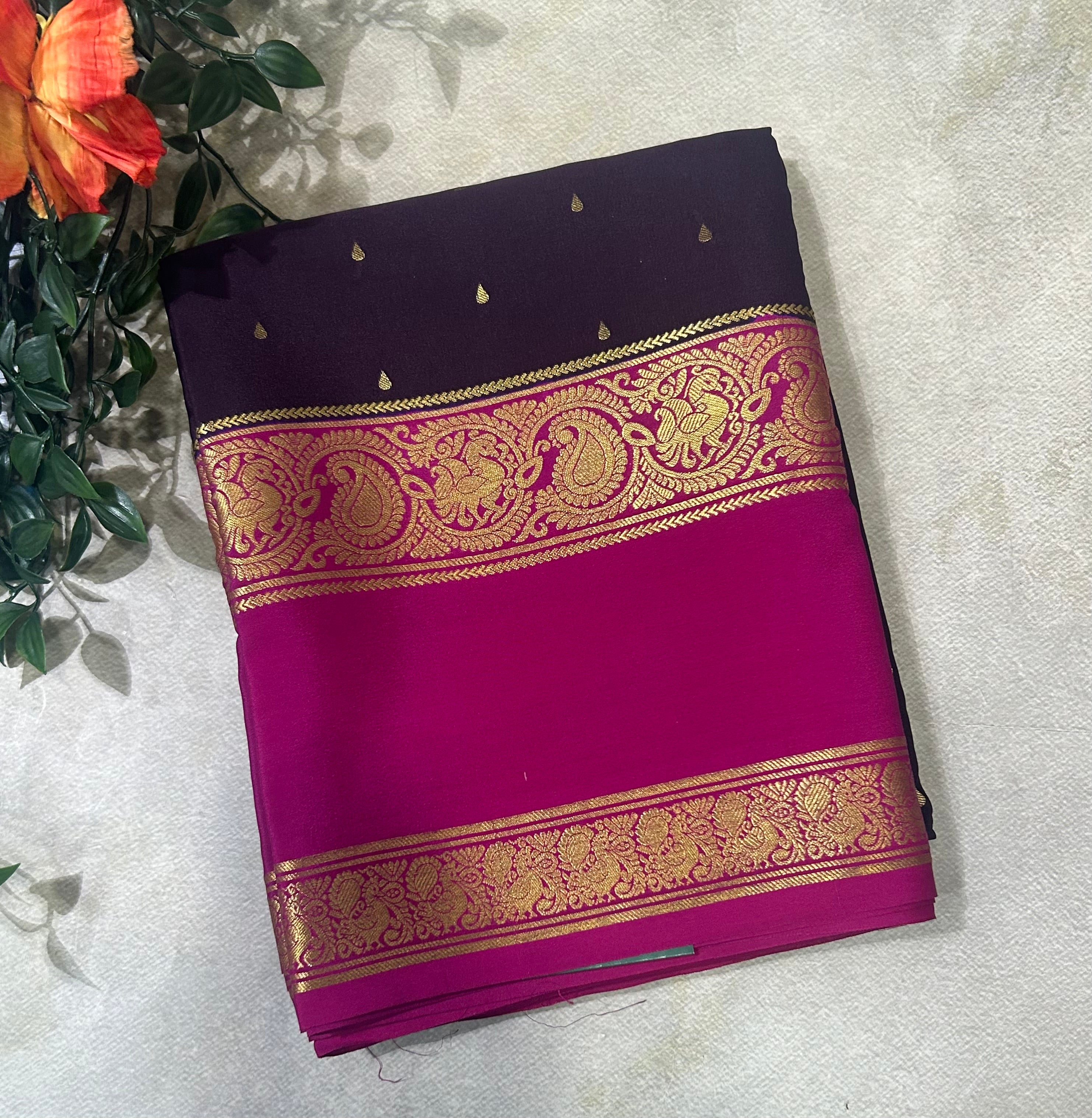 Dark wine bentex border pure Mysore silk 105 saree