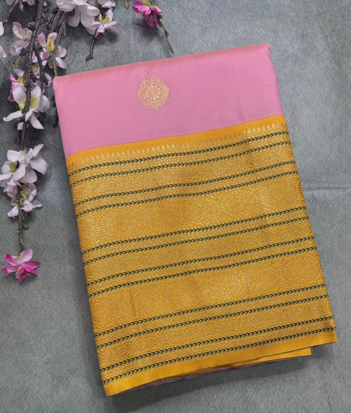 Pastel pink Kanchi Border Semi Soft Silk Saree 110