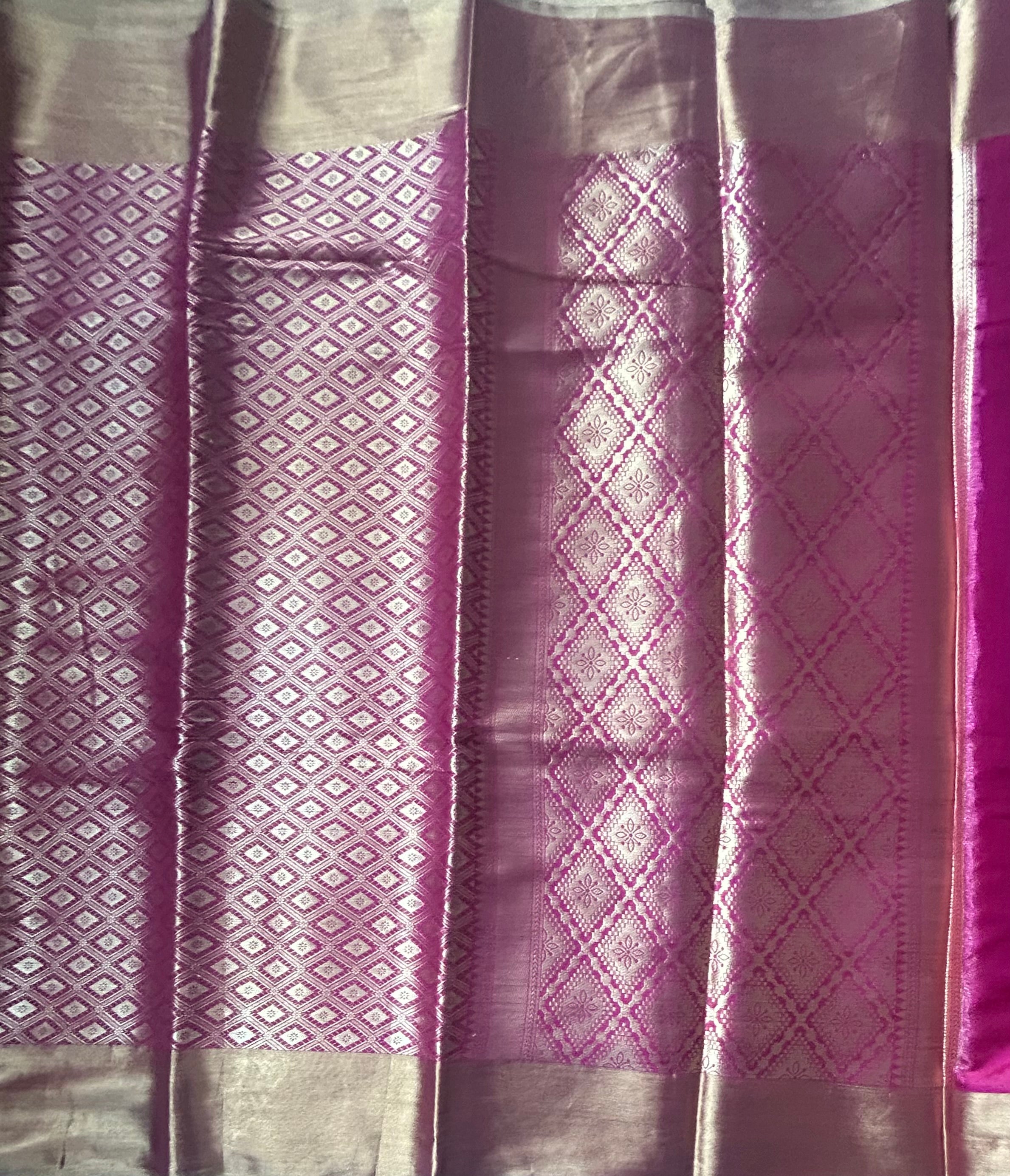 Pink checks brocade semi tissue saree