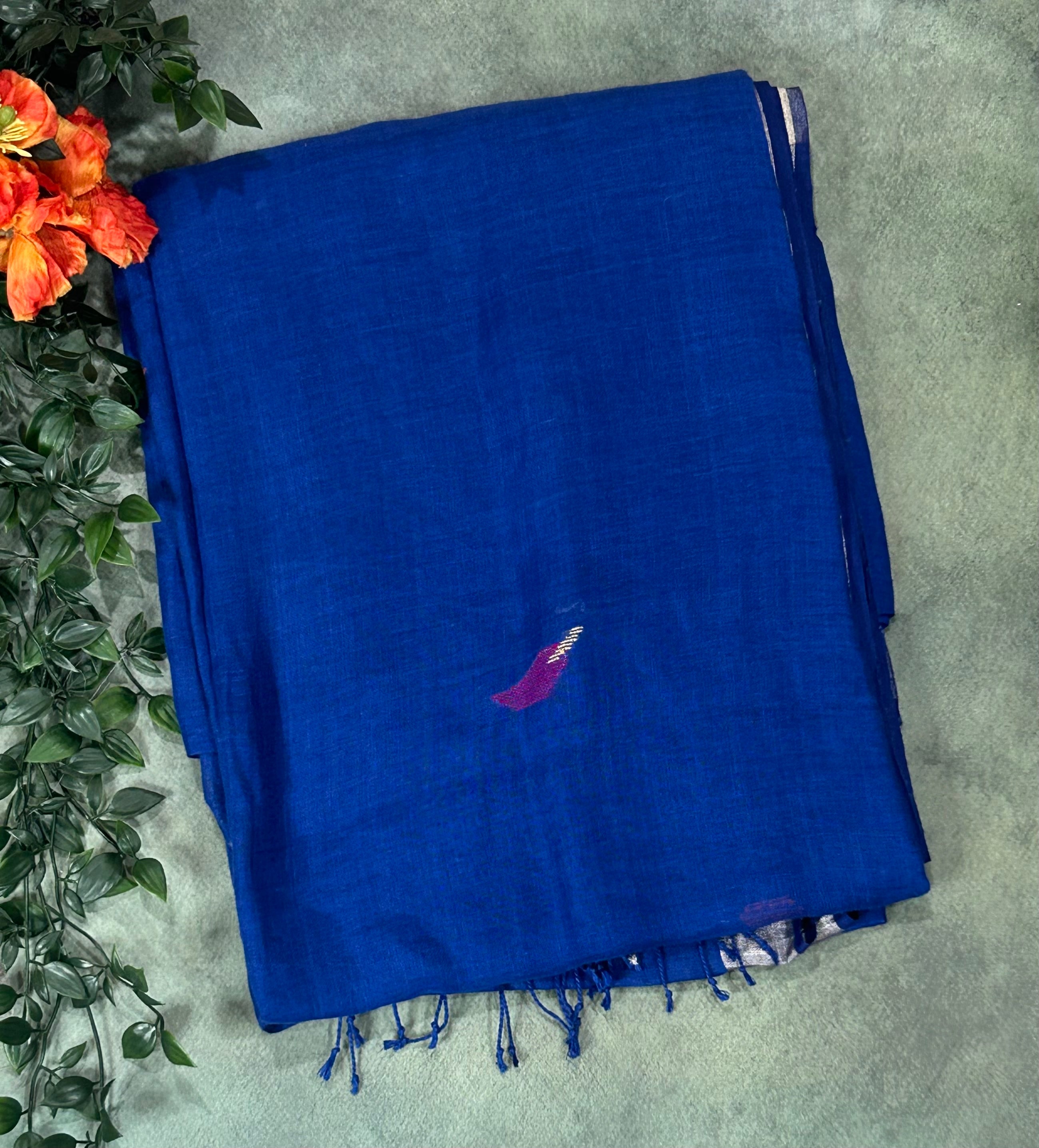 Blue small Butta pure linen saree