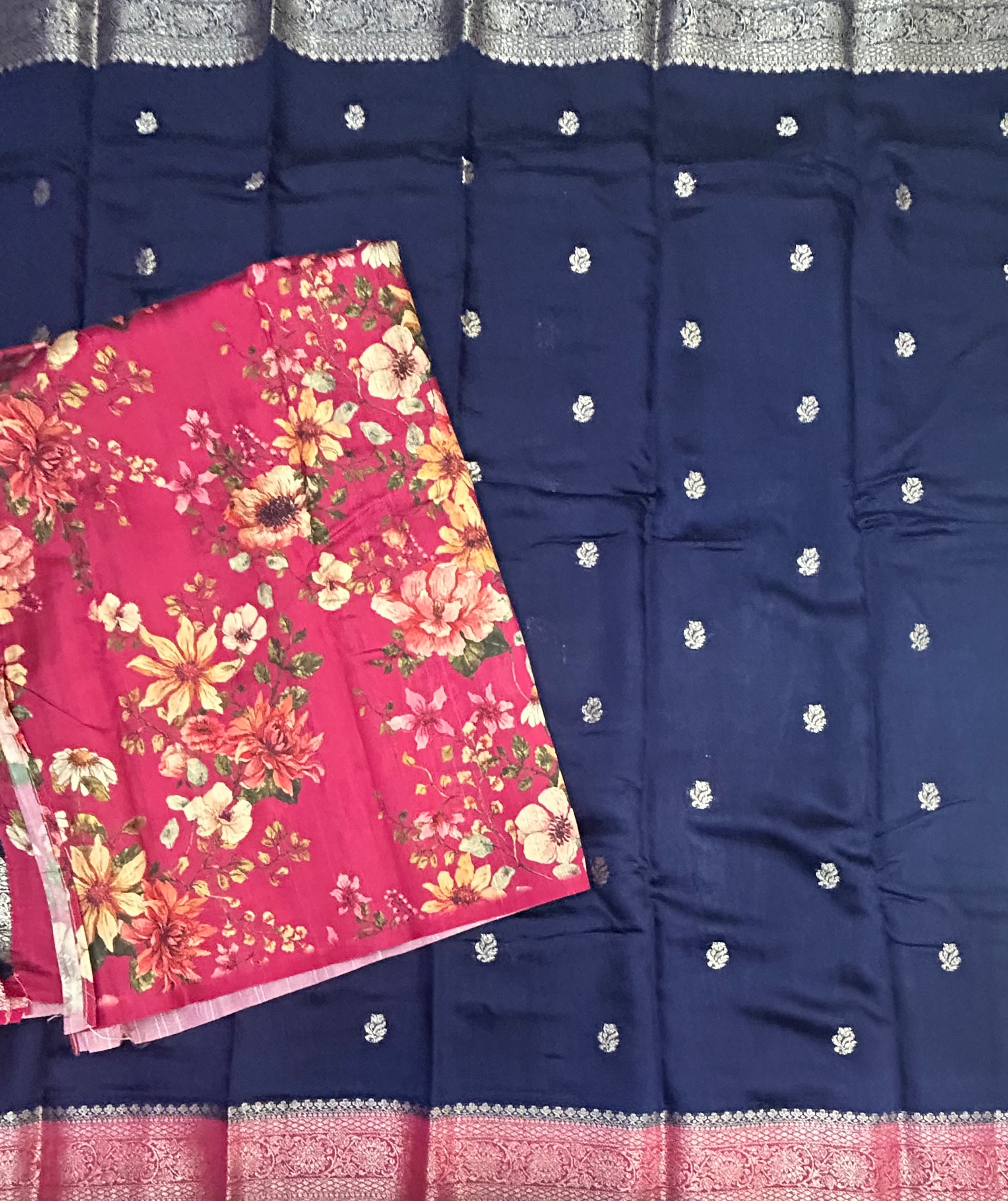 Navy Blue soft Tussar crêpe with printed blouse saree